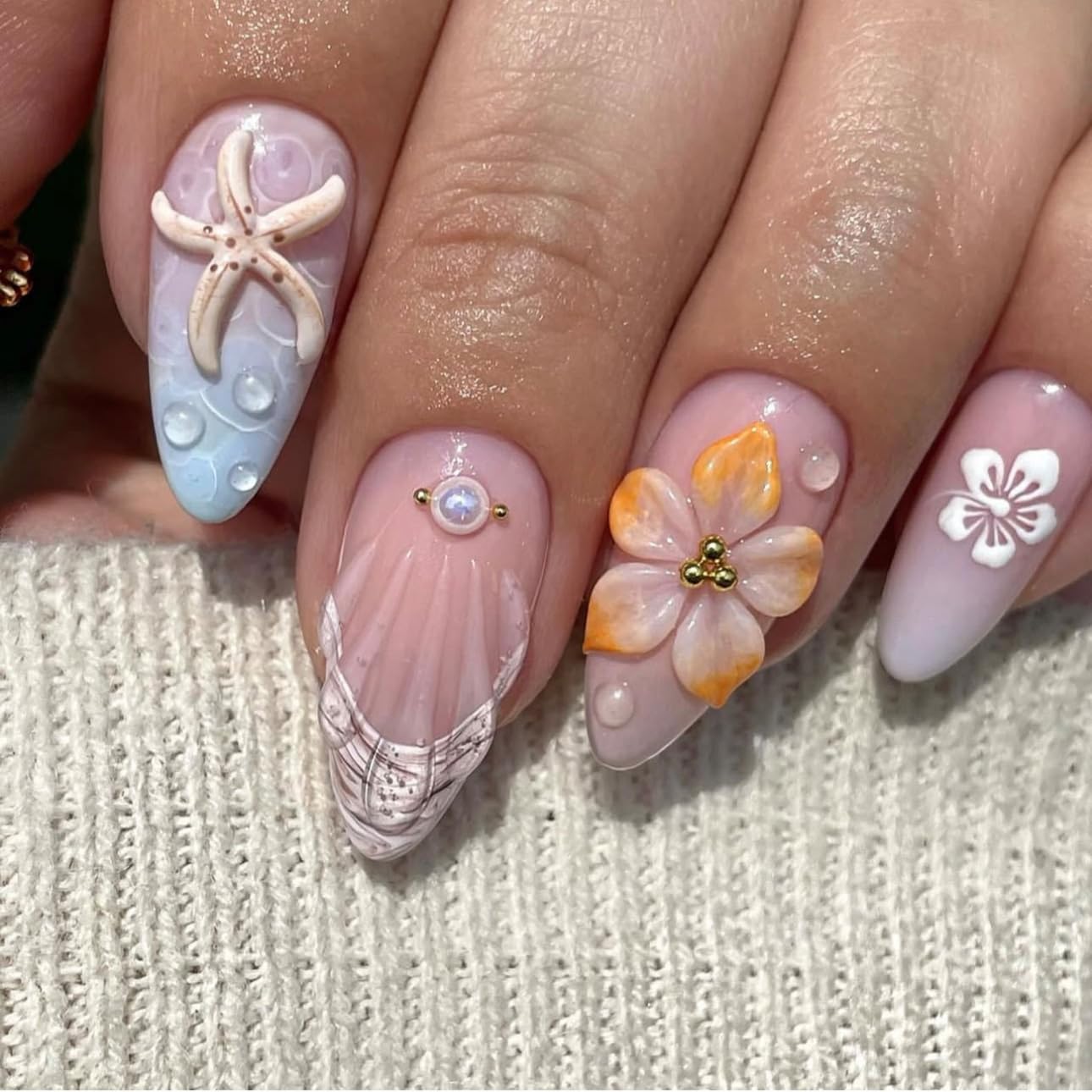 3D Pink Almond Press-On Nails – Medium French Tip Glossy Floral Fake Nails 2