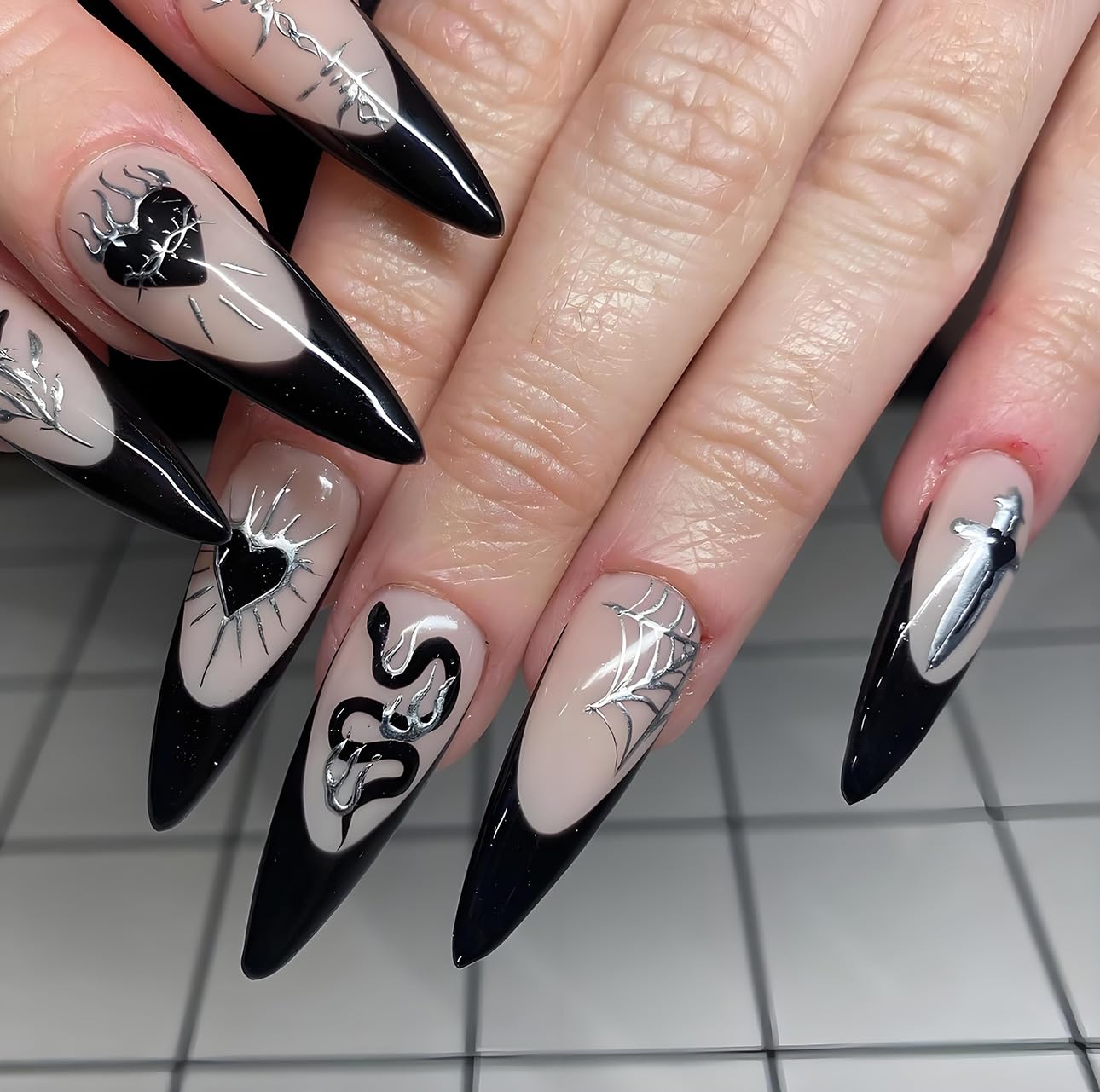 3D Pink Almond Press-On Nails – Medium French Tip Glossy Floral Fake Nails 2