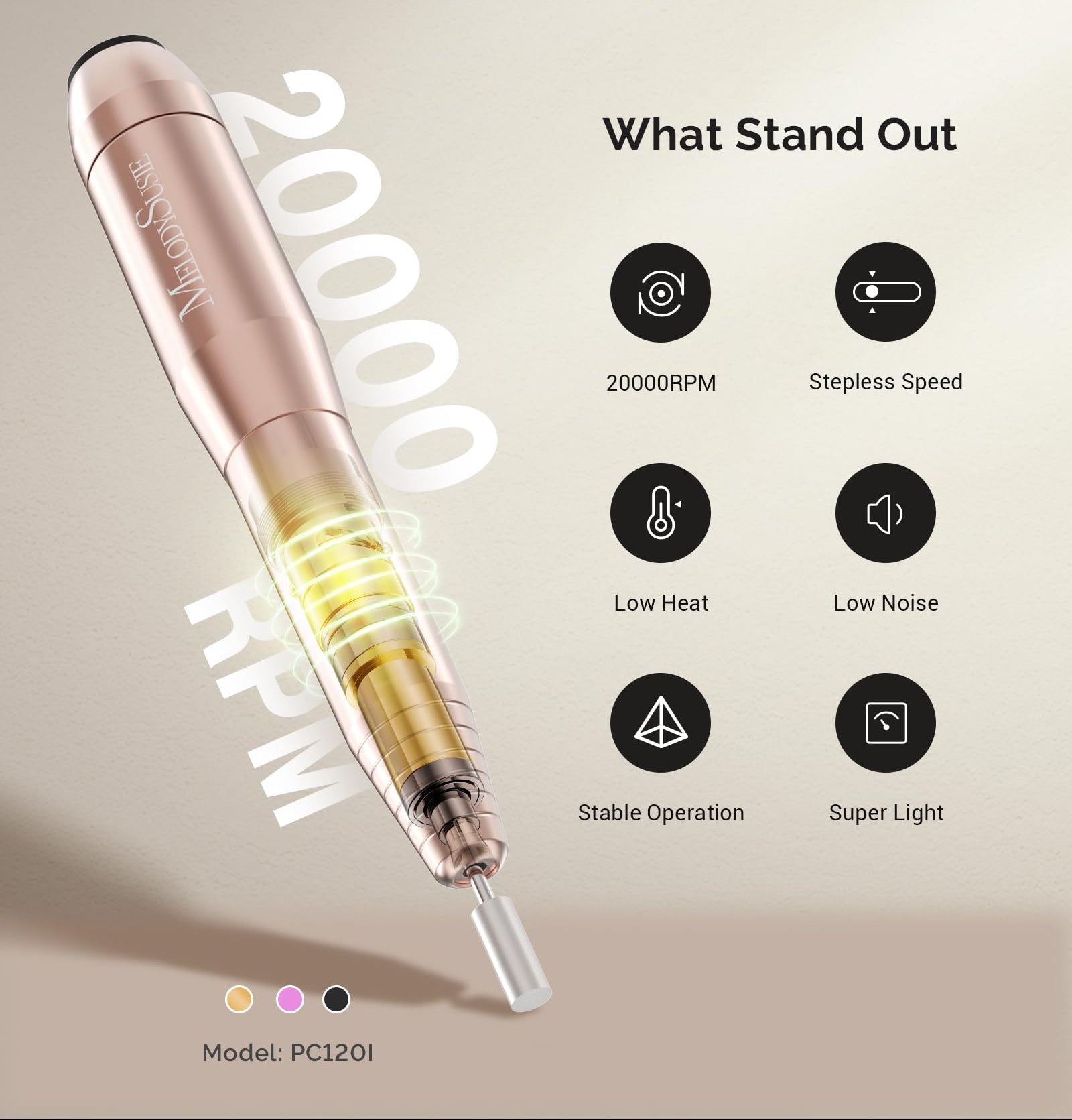 Nail drill with features listed on a beige background