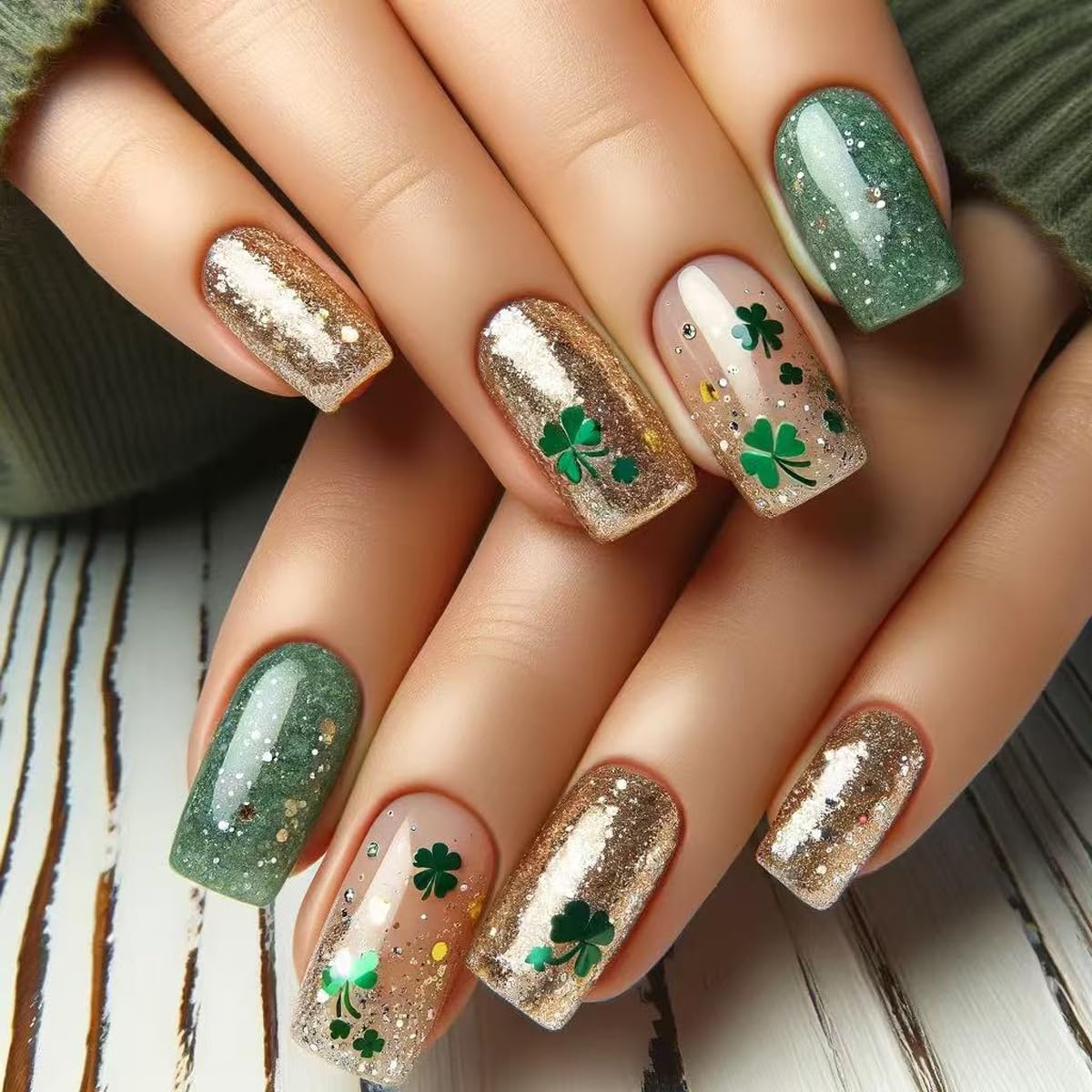 Nails with green and gold designs on a wooden surface