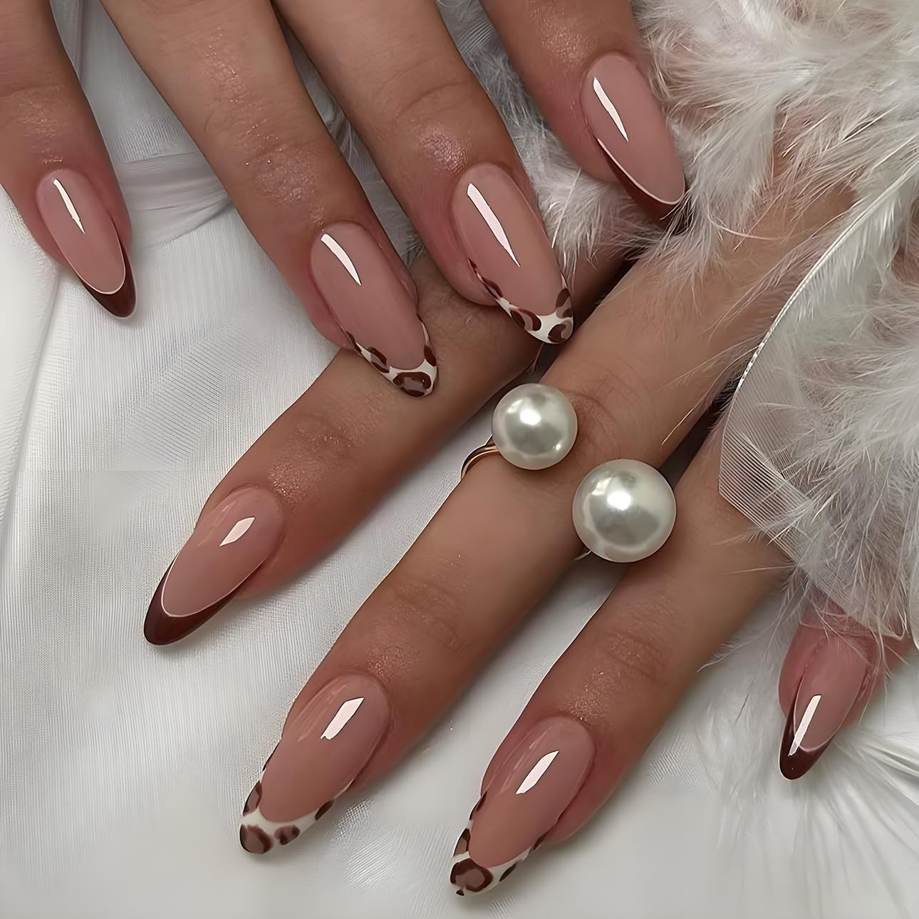3D Pink Almond Press-On Nails – Medium French Tip Glossy Floral Fake Nails 2