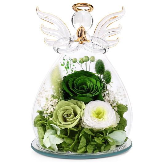 Preserved Rose Gift in Glass with Angel Figurine – Forever Flower Gift for Mom or Her