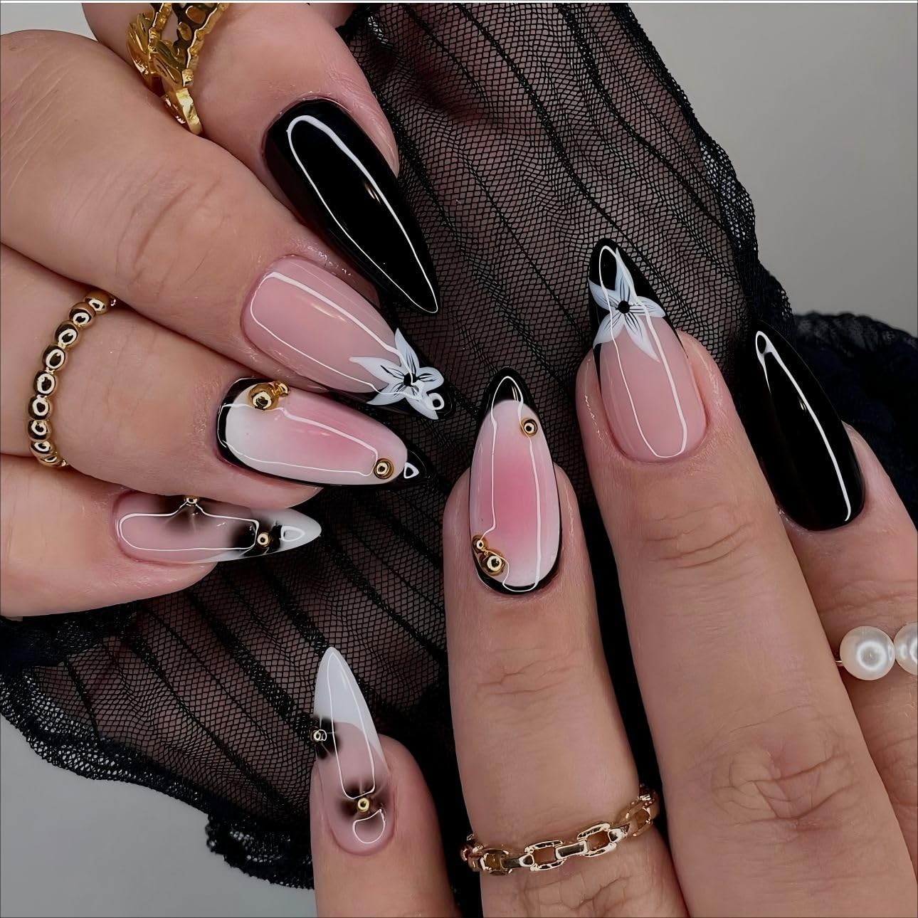 3D Pink Almond Press-On Nails – Medium French Tip Glossy Floral Fake Nails 2
