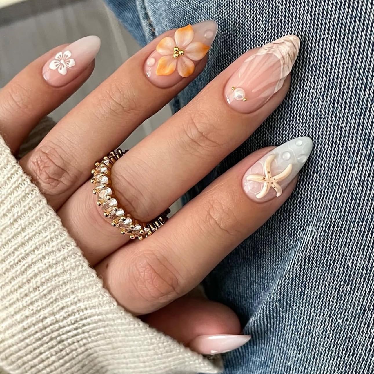 3D Pink Almond Press-On Nails – Medium French Tip Glossy Floral Fake Nails 2