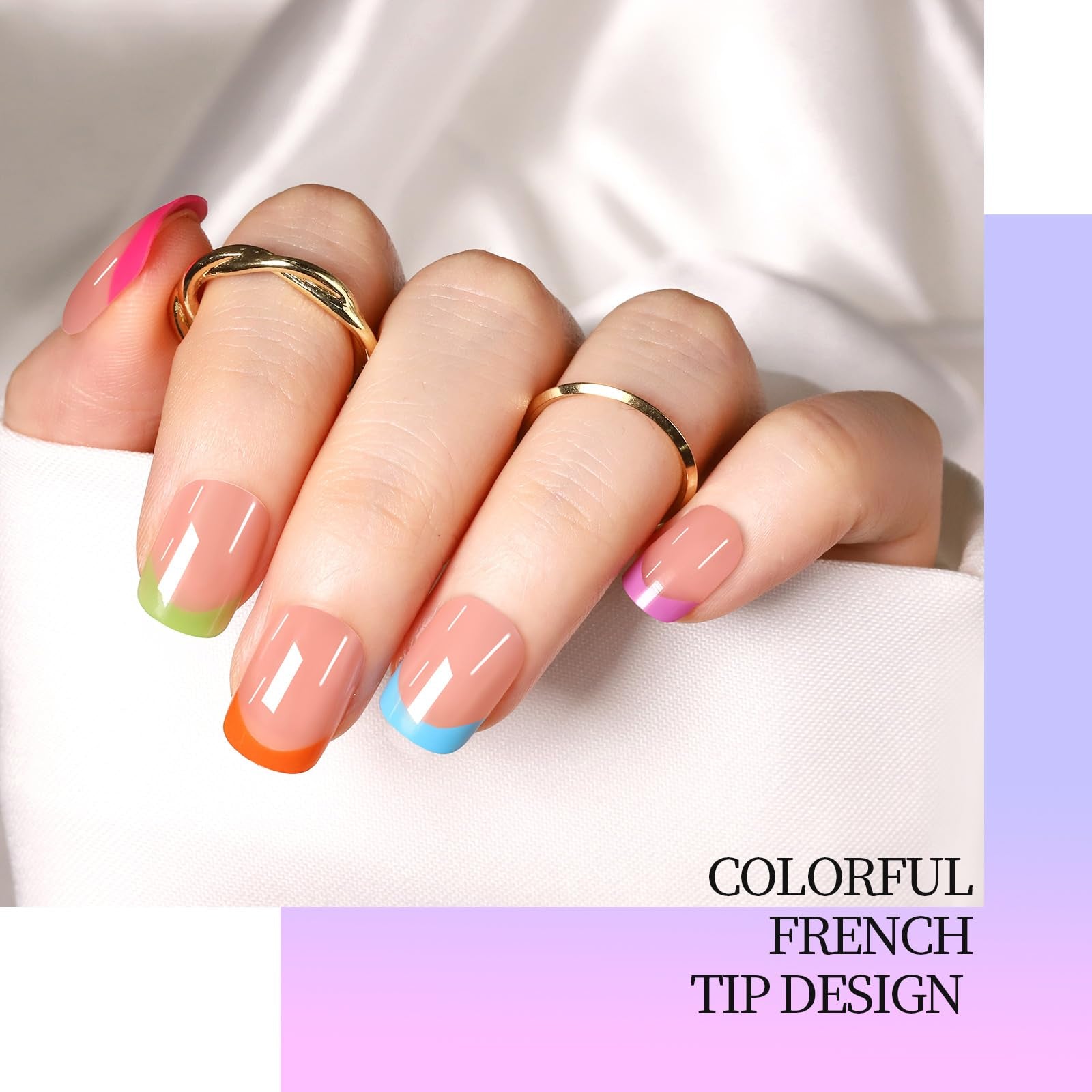 Nails with colorful French tip design on a white background, featuring the Fandamei brand.