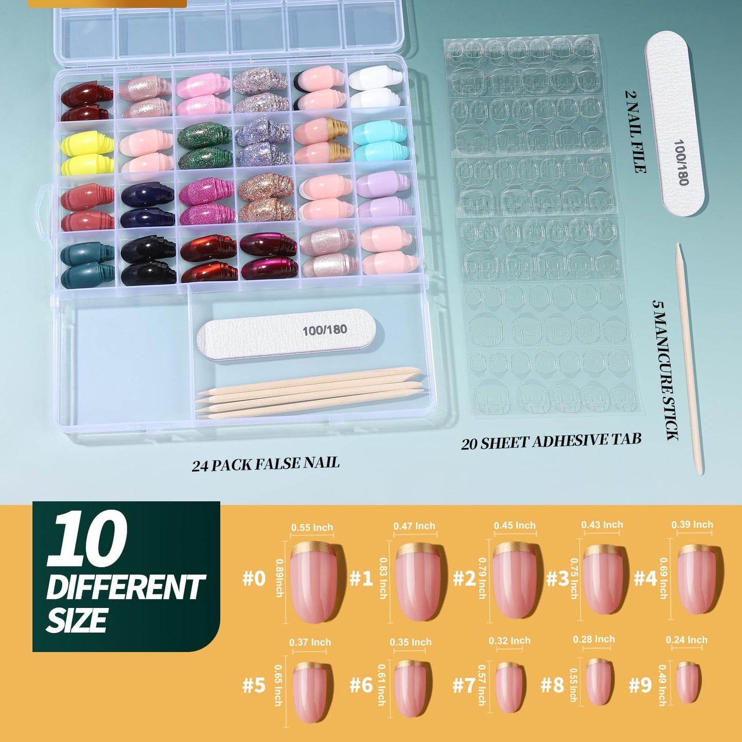 Nail art kit with false nails, adhesive tabs, and a guide on a blue background
