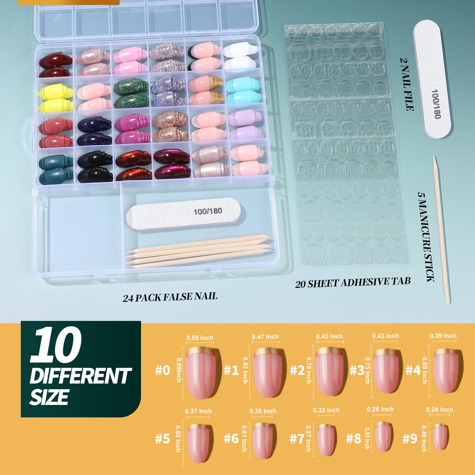 Nail art kit with false nails, adhesive tabs, and a guide on a blue background