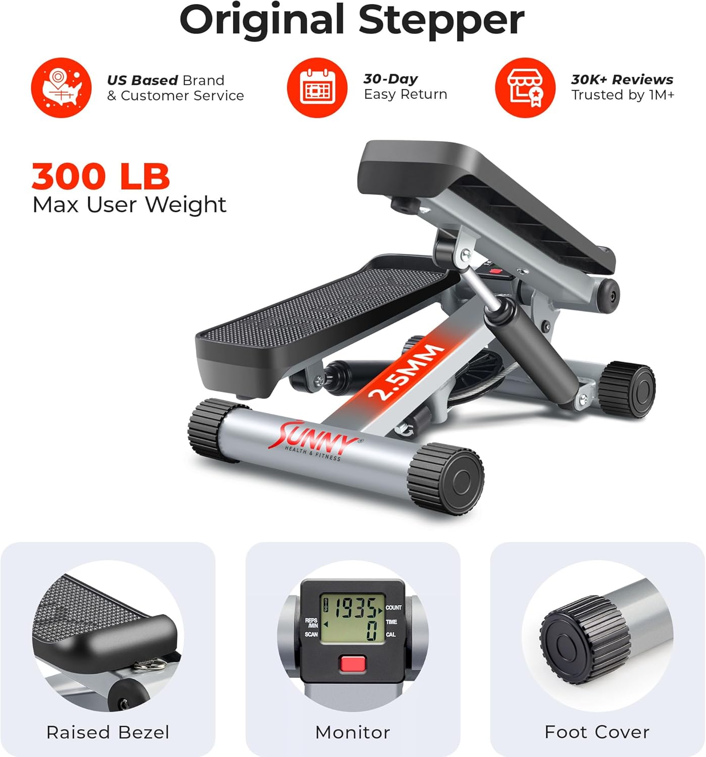 Mini Stepper for Exercise at Home, Stair Step Workout Machine with Resistance Band and over 300Lb Weight Capacity, Optional Twist Motion and Free Sunnyfit App Connection