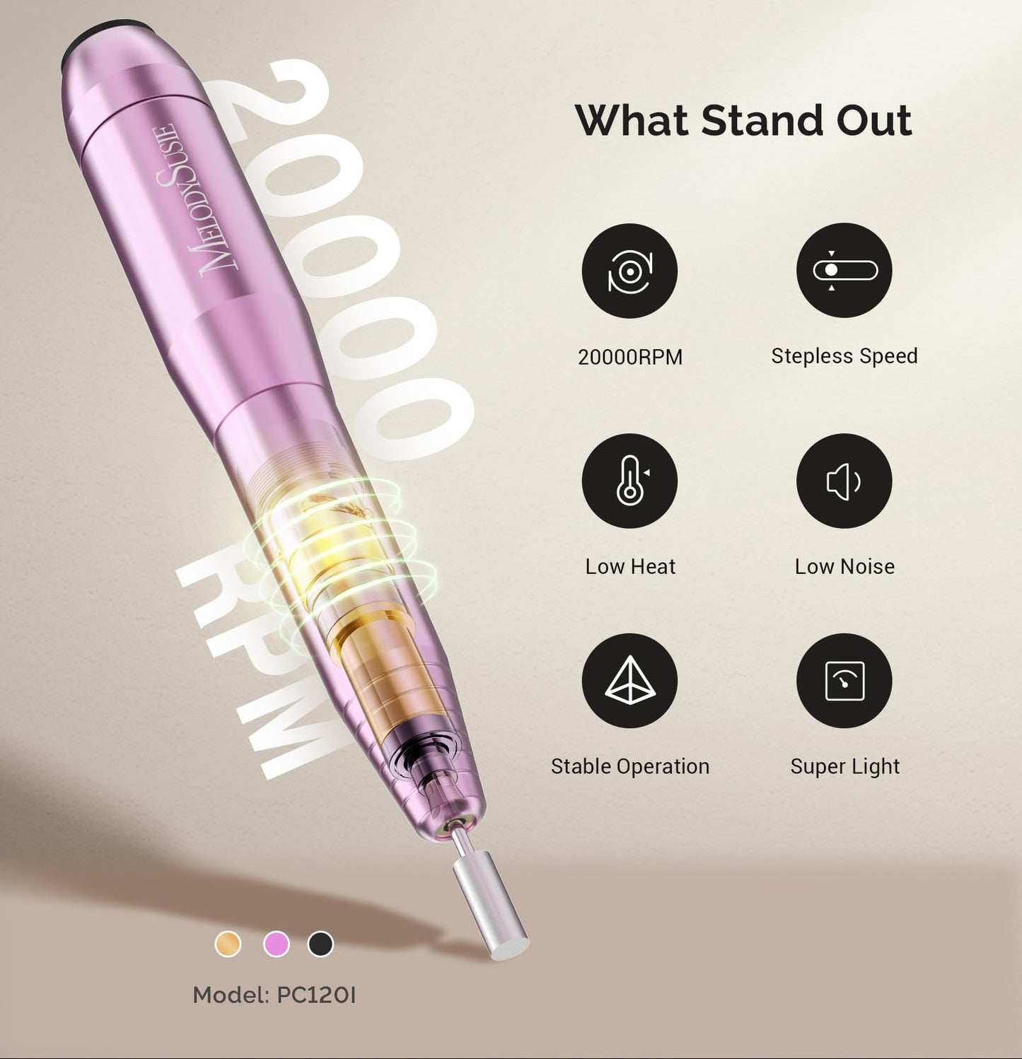 Pink nail drill with features listed on a beige background