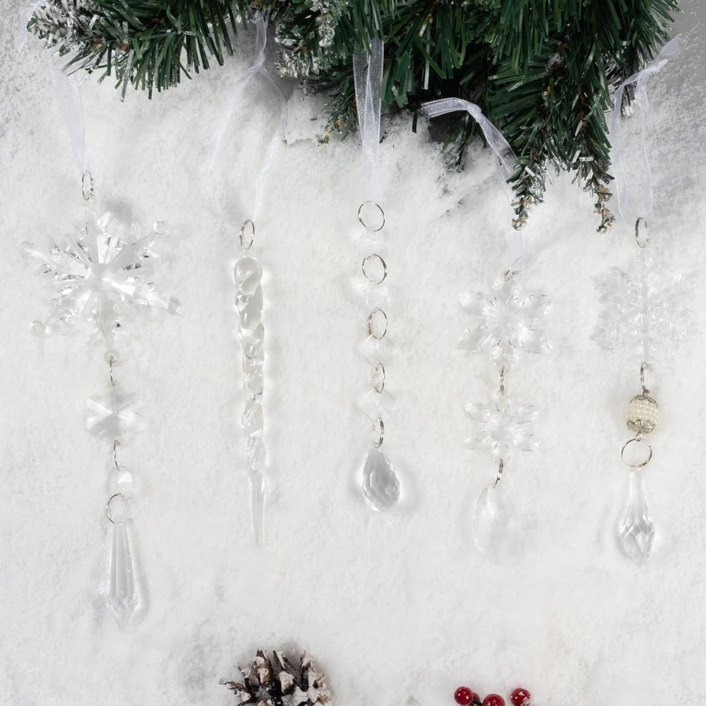 18Pcs Christmas Tree Decoration Crystal Ornaments - Hanging Acrylic Christmas Snowflake Icicle Drop Crystal Ornaments for Xmas Tree Winter New Year Party Supplies