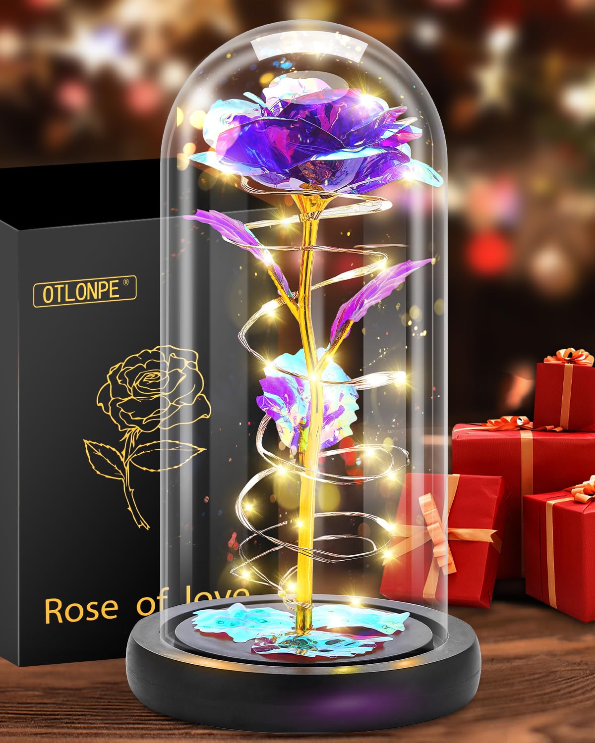 Preserved Rose in Glass Dome with LED Light – Forever Flower Gift for Mom or Her