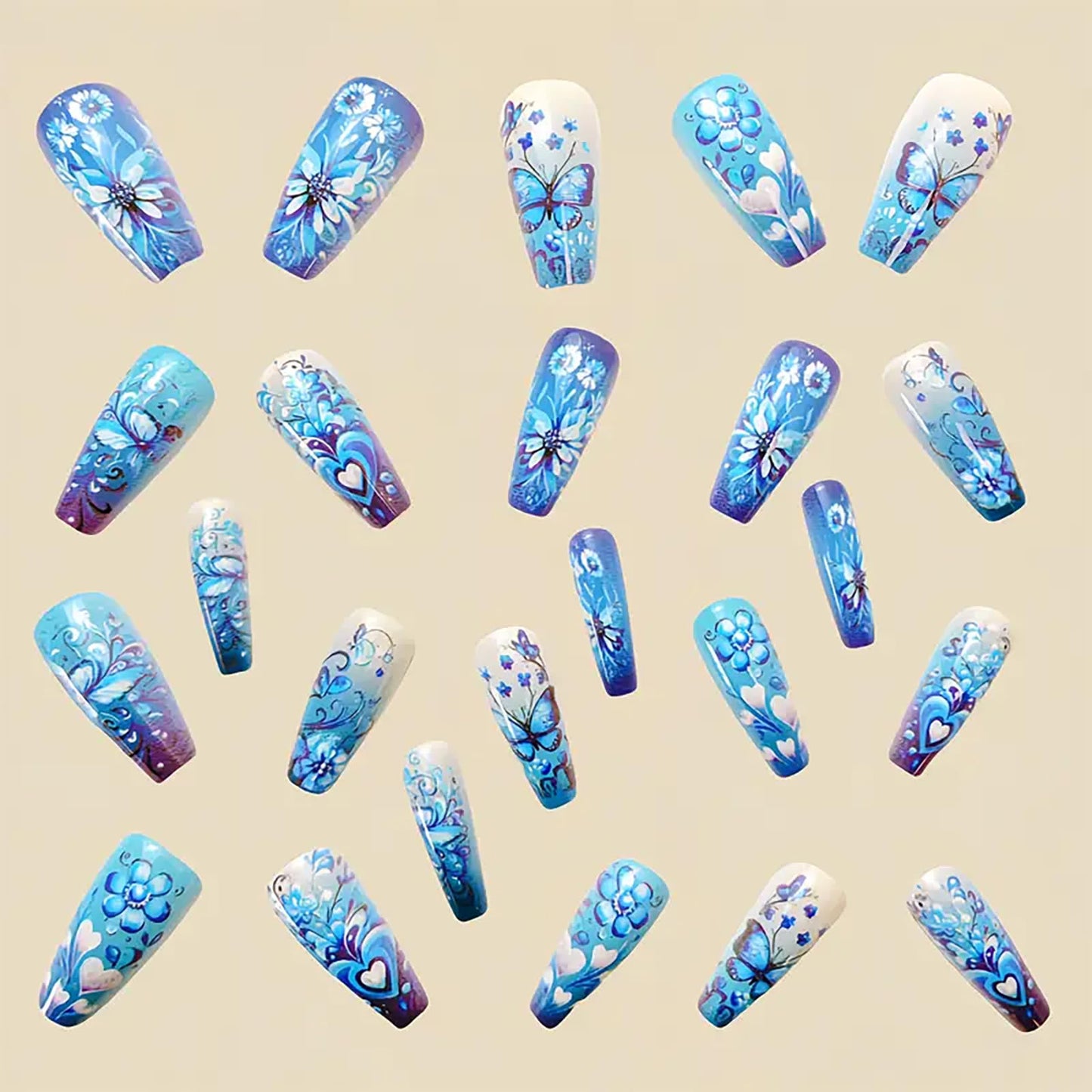 Square Press-On Nails – Purple Floral Medium Fake Nails, Glossy Full Cover 24PCS