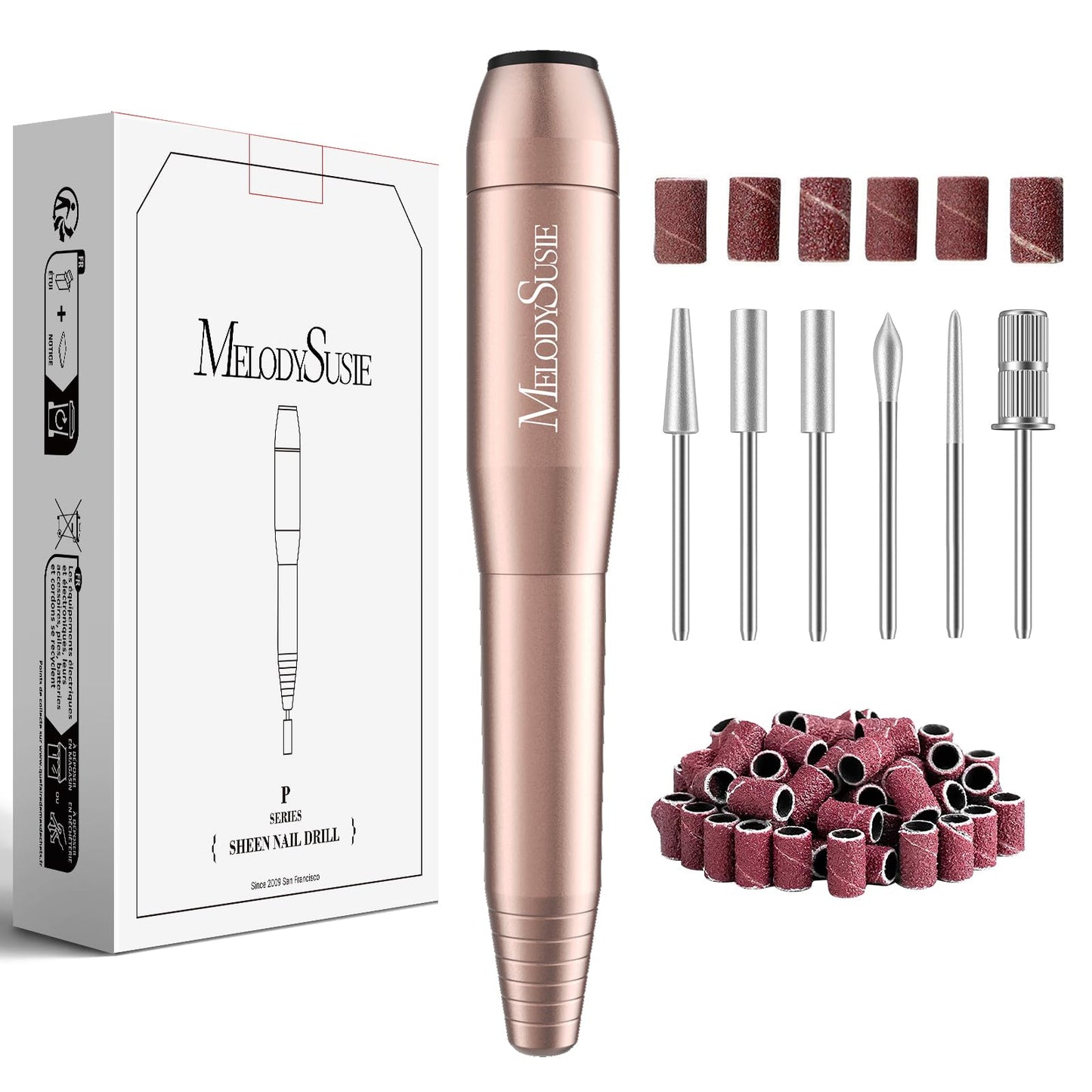 Rose gold nail drill with accessories and packaging on a white background