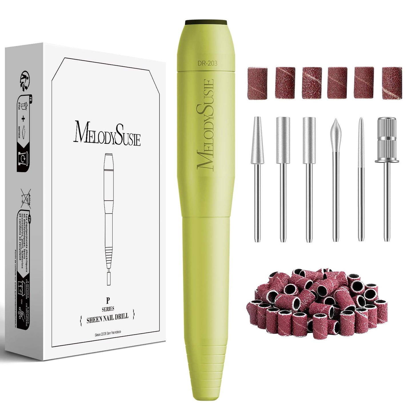 Green nail drill with accessories and packaging on a white background