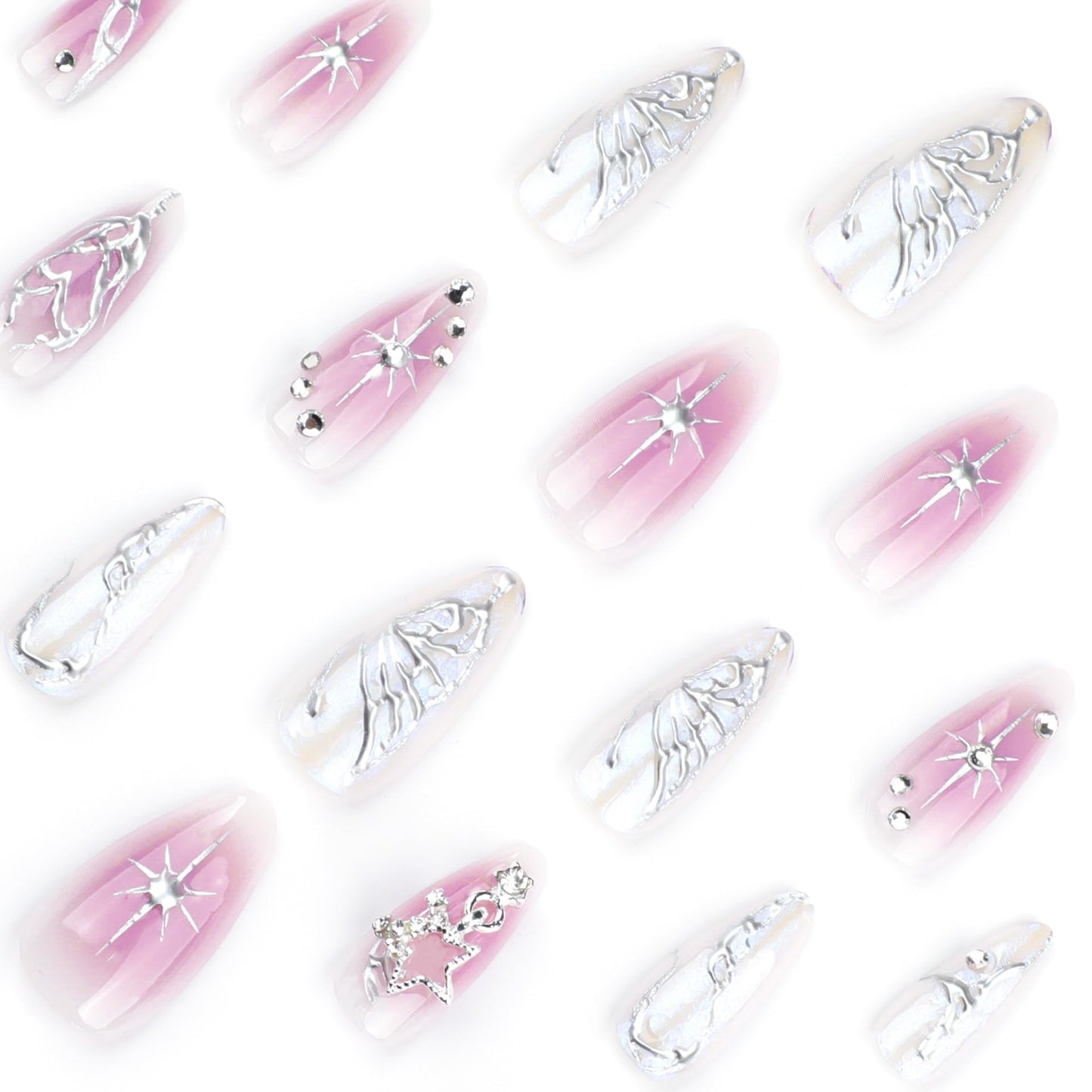 Square Press-On Nails – Purple Floral Medium Fake Nails, Glossy Full Cover 24PCS