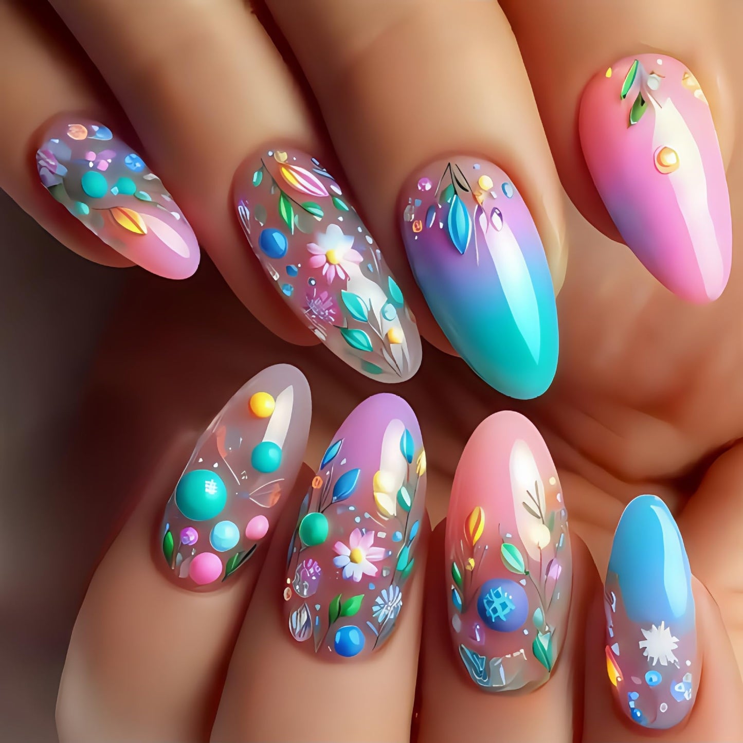 Colorful floral nail art on a hand