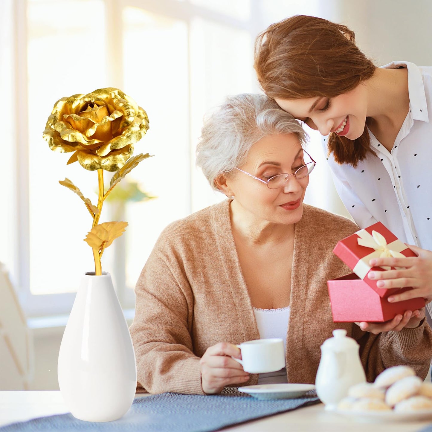 Artificial Rose Flower Gift with Vase – Elegant Decorative Gift for Mom, Wife or Her