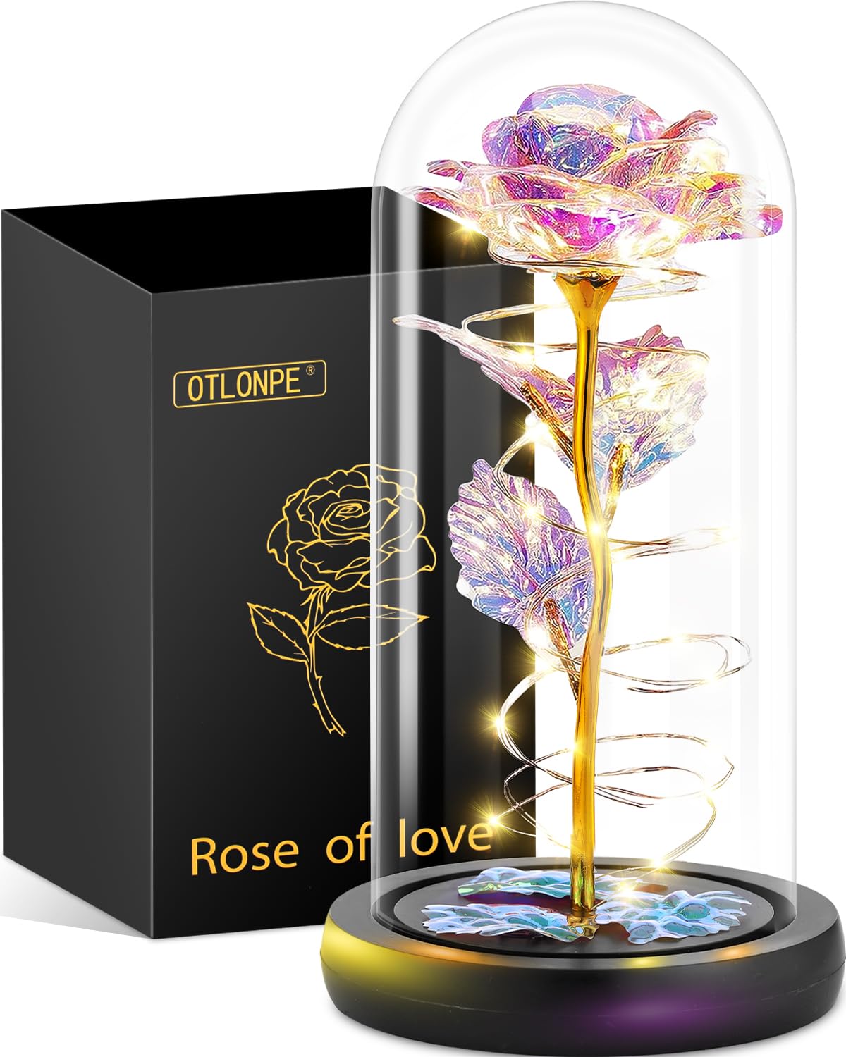 Preserved Rose in Glass Dome with LED Light – Forever Flower Gift for Mom or Her