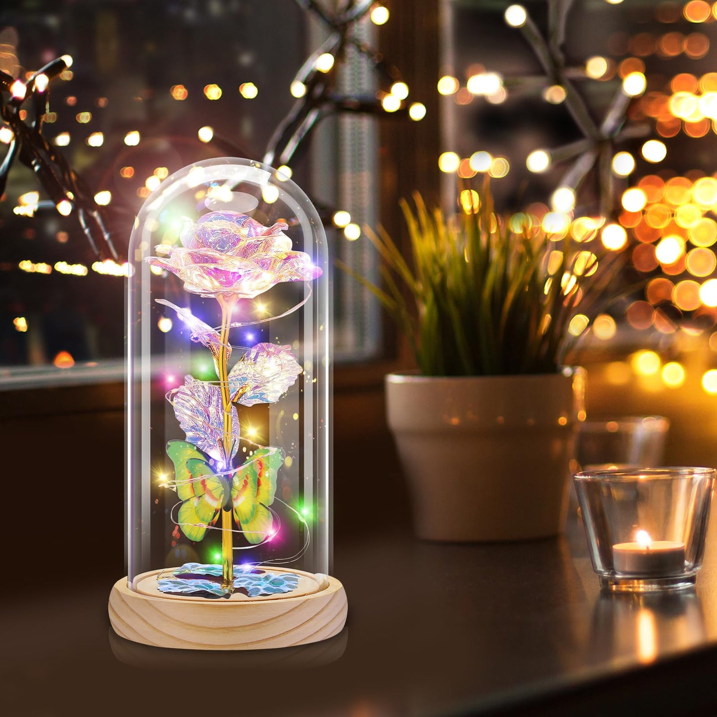Preserved Rose in Glass Dome with LED Light – Forever Flower Gift for Mom or Her
