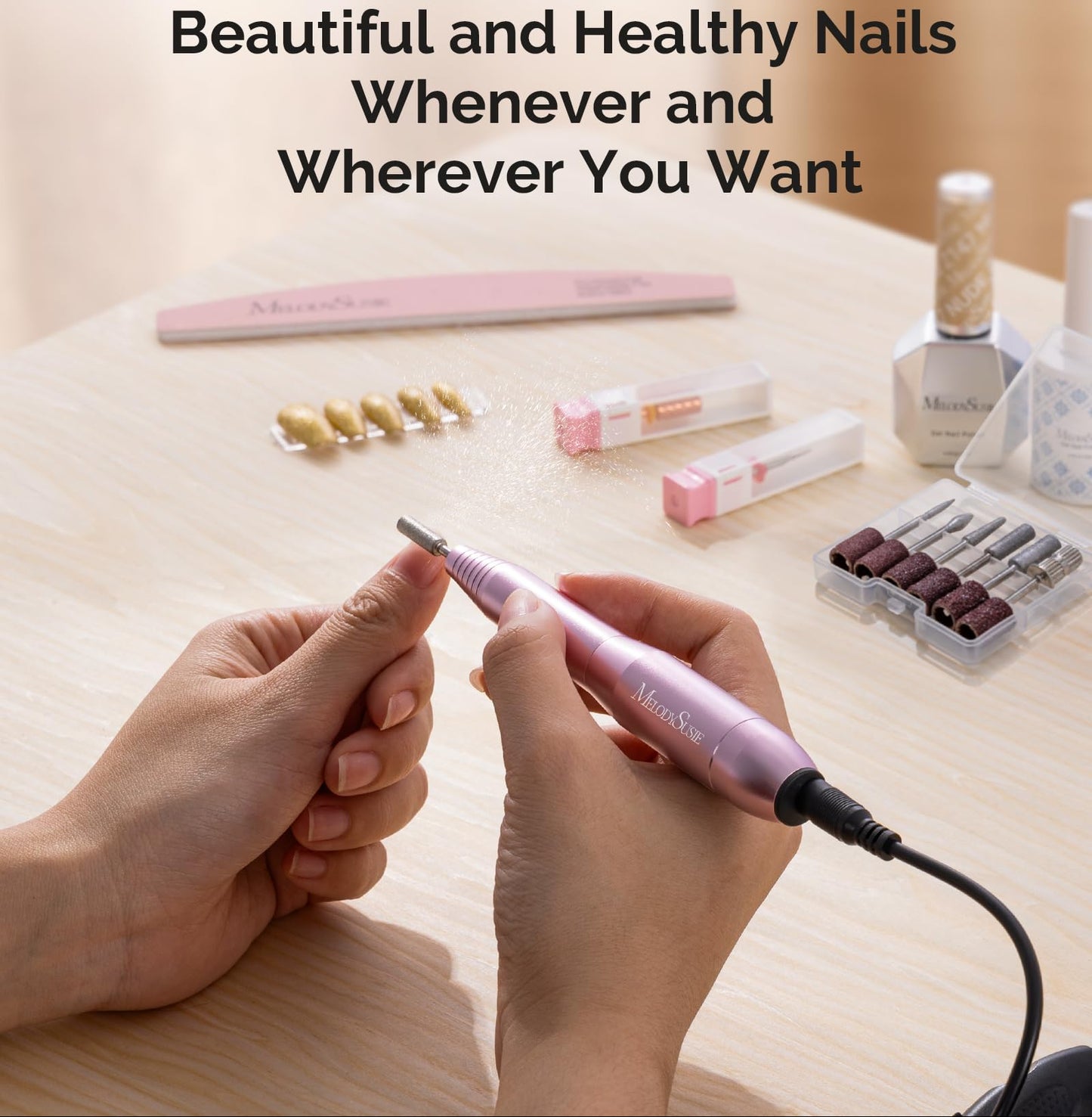Nail drill being used with text about beautiful and healthy nails, MelloSusie brand visible.