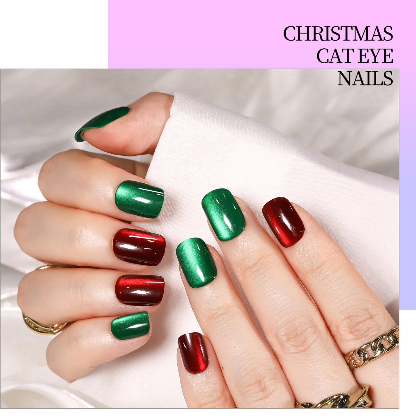 Nails with green and red cat eye design on a white background, featuring Fandamei branding.