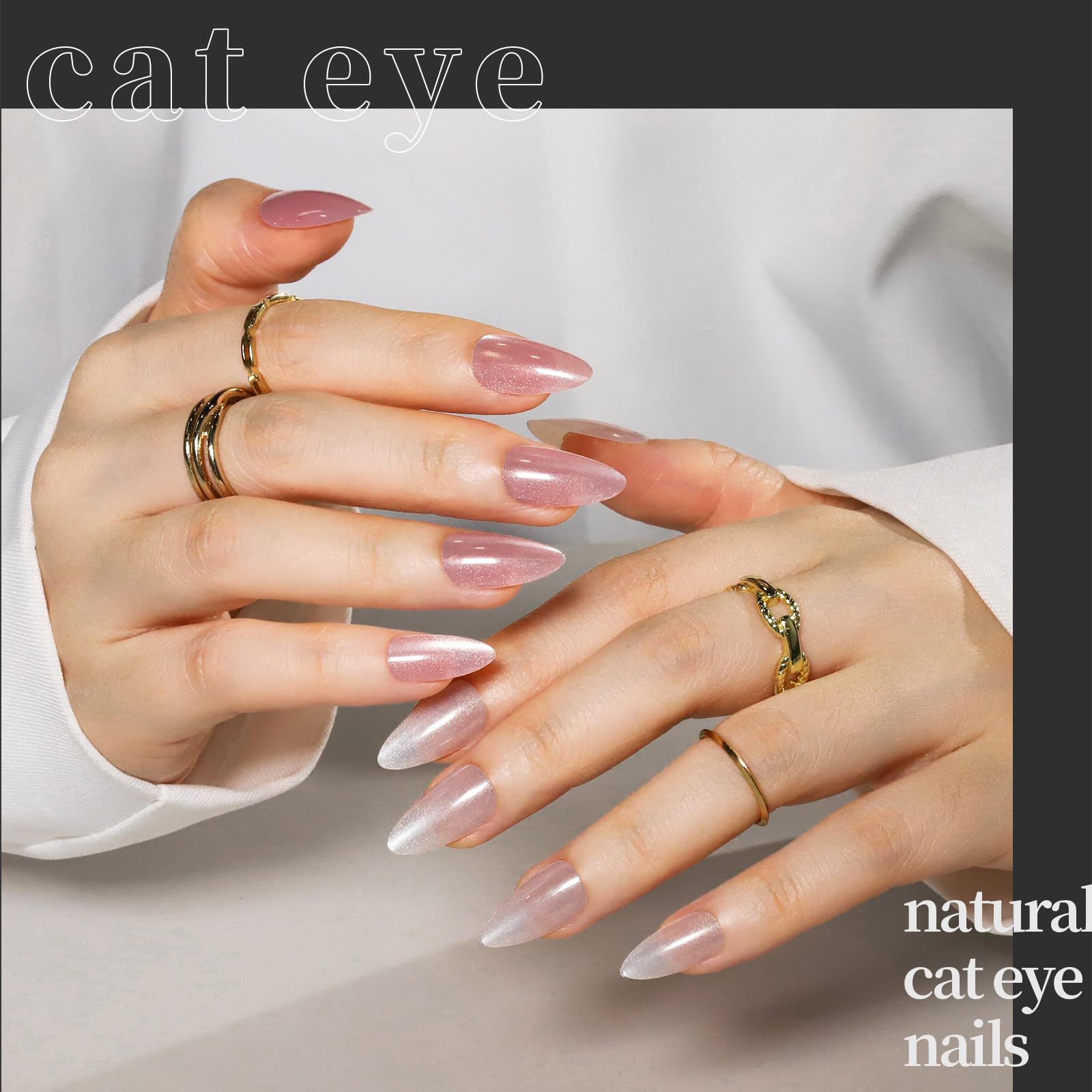 Close-up of hands with pink cat eye nail design on a neutral background