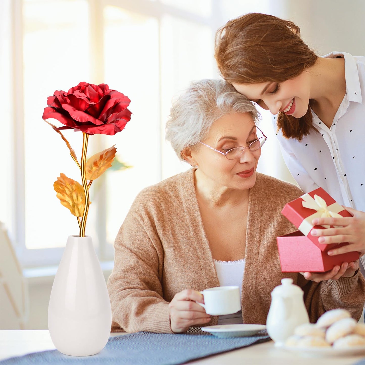 Artificial Rose Flower Gift with Vase – Elegant Decorative Gift for Mom, Wife or Her
