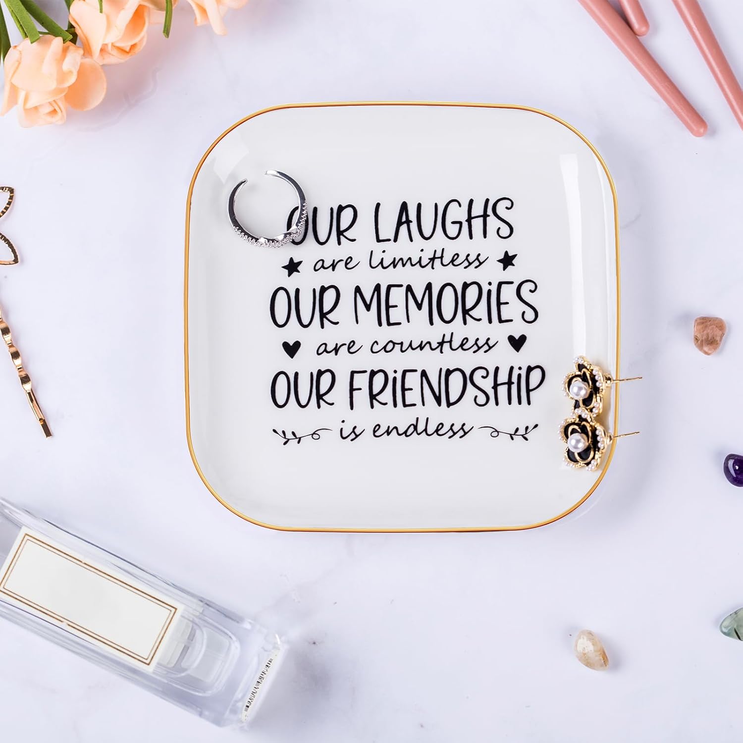 Friendship Gifts for Women Best Friend Jewelry Dish, Our Laughs Are Limitless, Our Memories Are Countless, Our Friendship Is Endless Unique Gifts for Women, Female Friend Birthday Christmas
