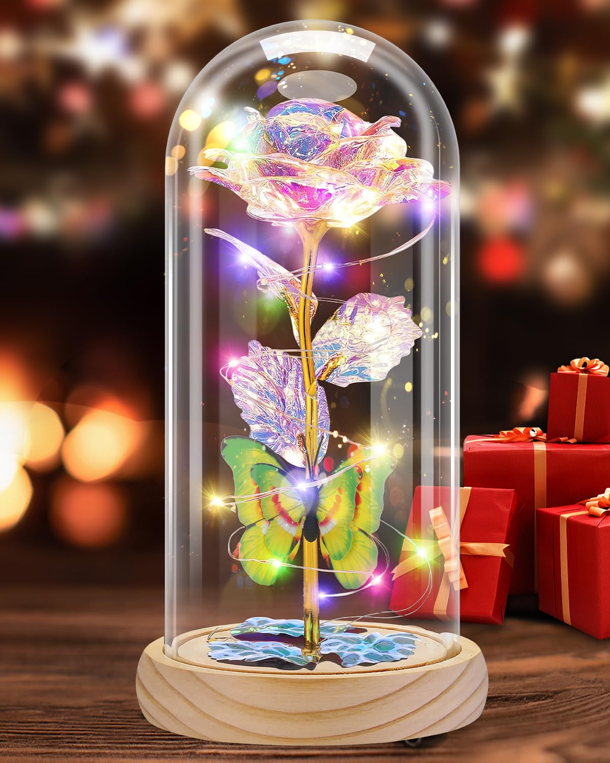 Preserved Rose in Glass Dome with LED Light – Forever Flower Gift for Mom or Her