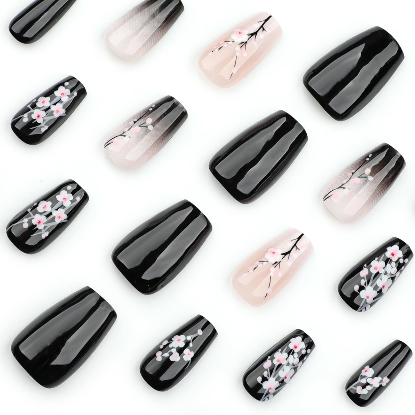 Square Press-On Nails – Purple Floral Medium Fake Nails, Glossy Full Cover 24PCS