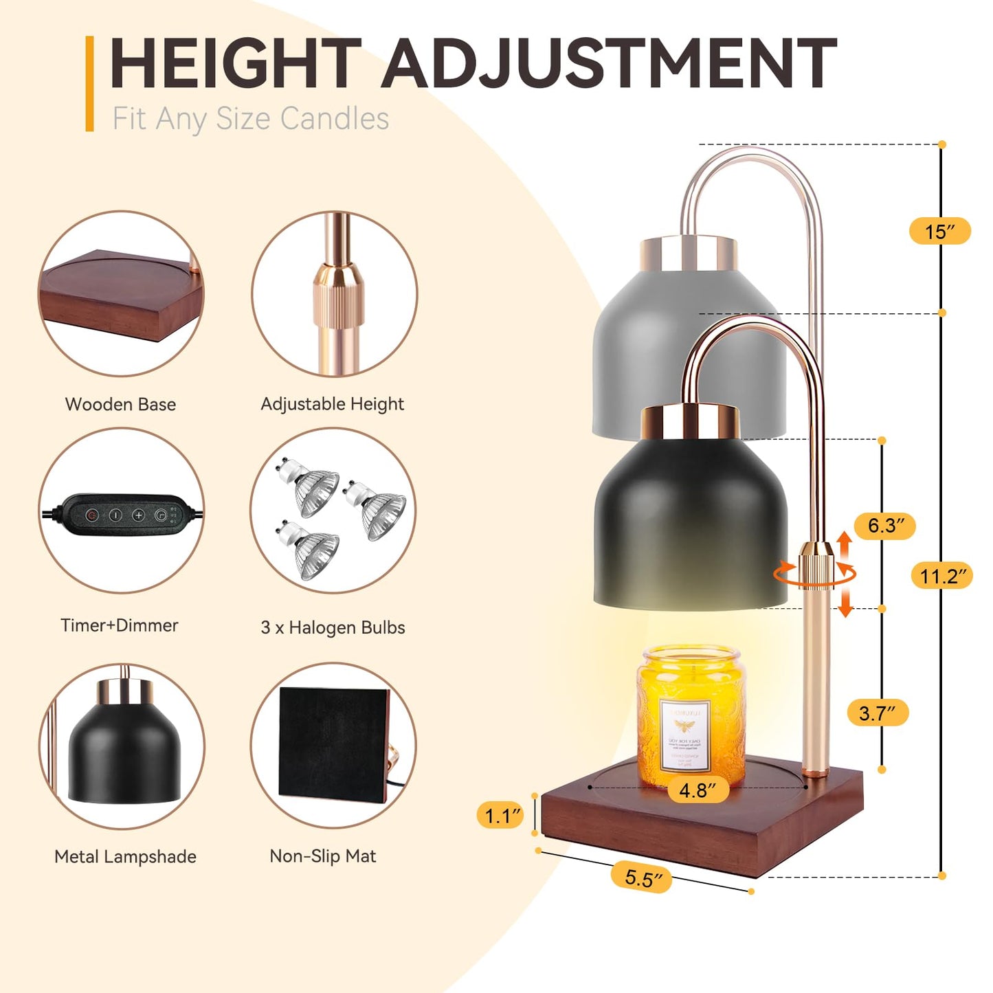 Candle Warmer Lamp with Timer – Dimmable Adjustable Height Candle Melter with Bulbs