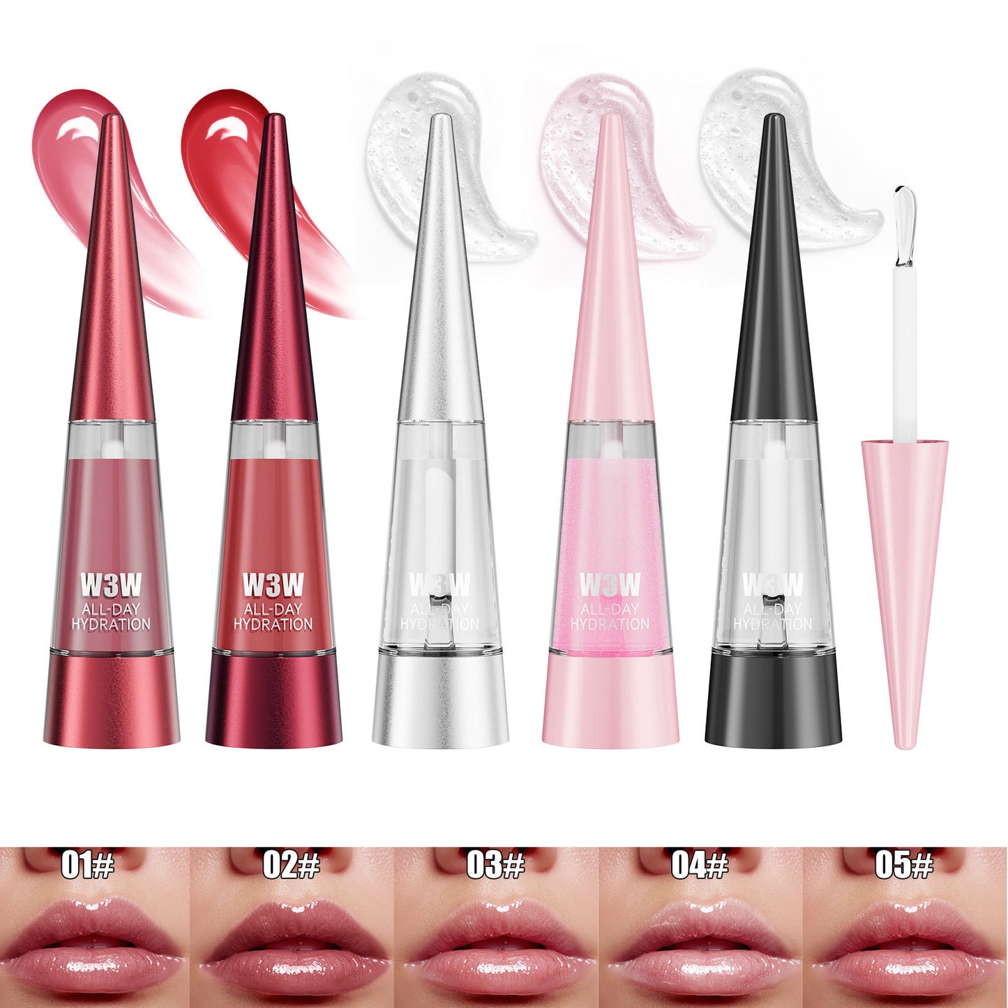 Set of lip glosses with different colors and a clear applicator, displayed on a white background.