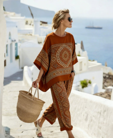 Woman in a patterned outfit walking on a sunlit street with white buildings and blue sea in the background.