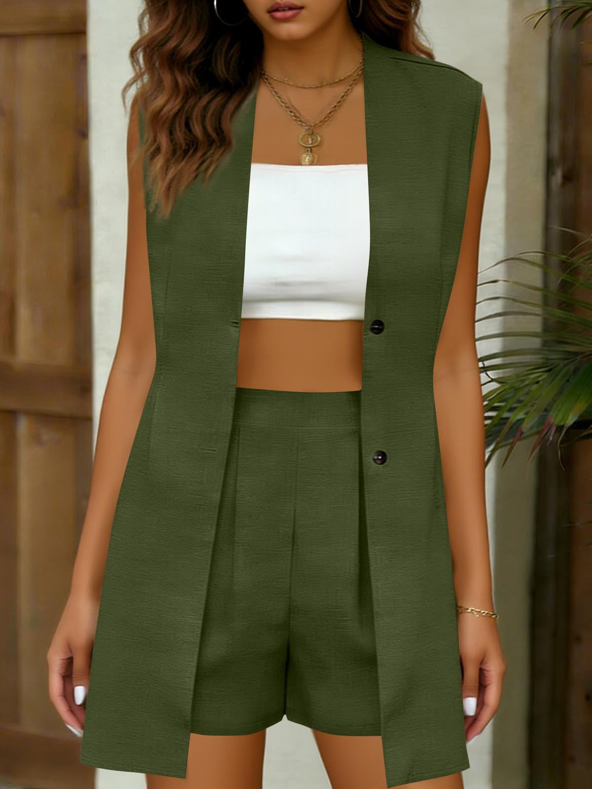 Chic Two Piece Set Women V-Neck Vest Top and Shorts Outfit