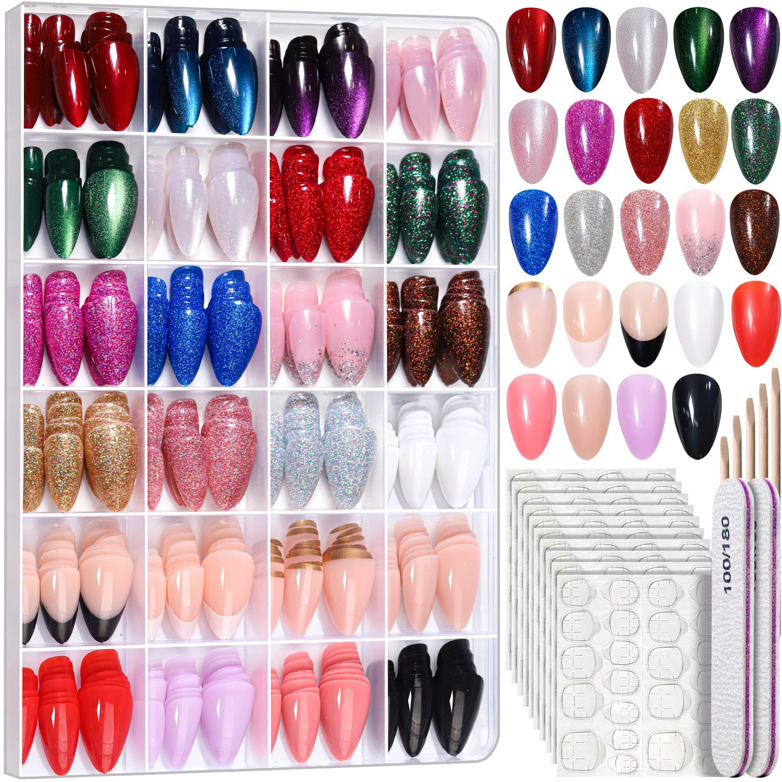 Assorted nail polish colors in a storage case with additional tools on a white background