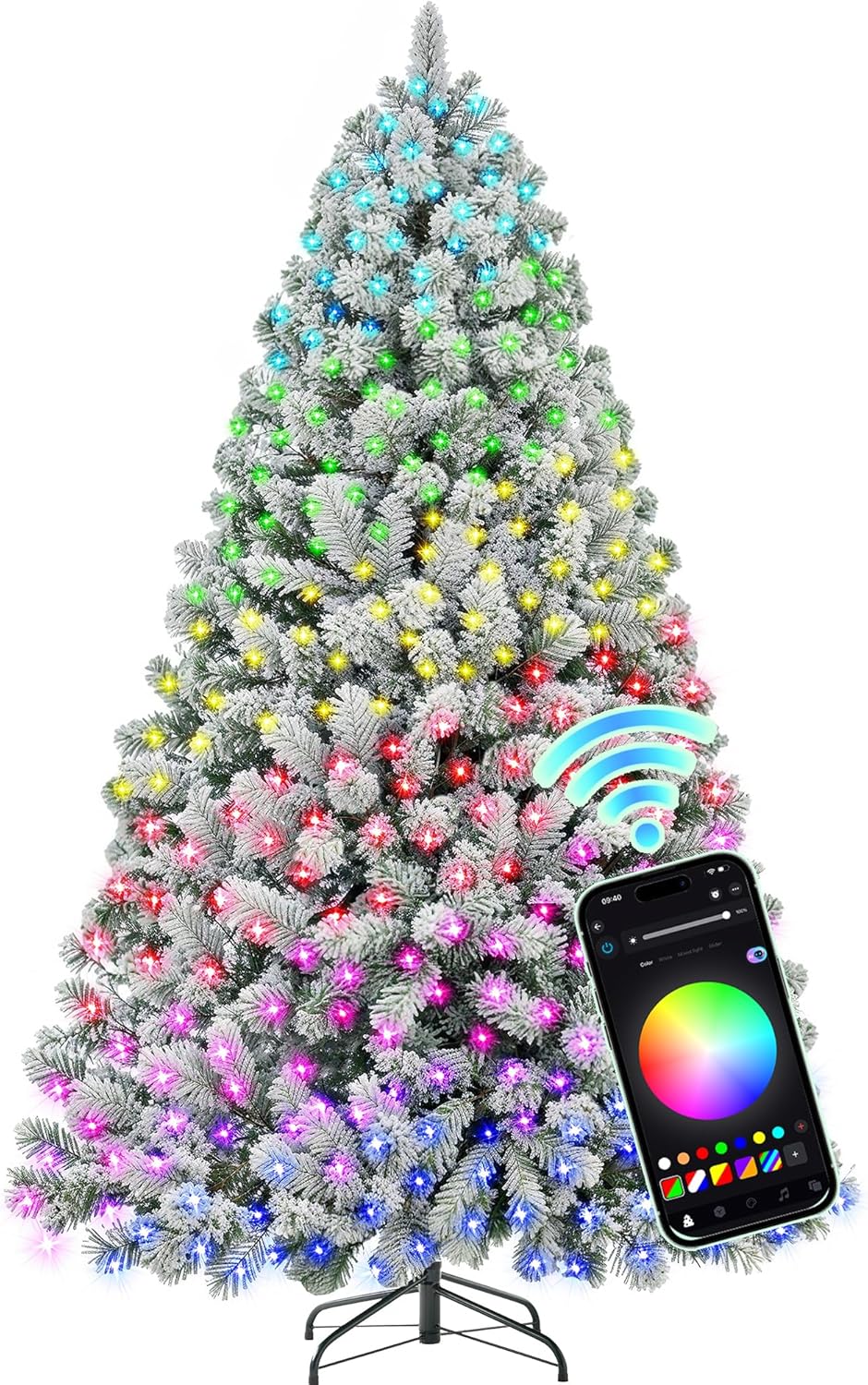 6 Ft Flocked Prelit Christmas Tree with 350 LED Lights, App Control, Artificial Christmas Tree, Multi-Color RGBW Lights, 947 Branch Tips, Snow Xmas Tree, for Home, Party