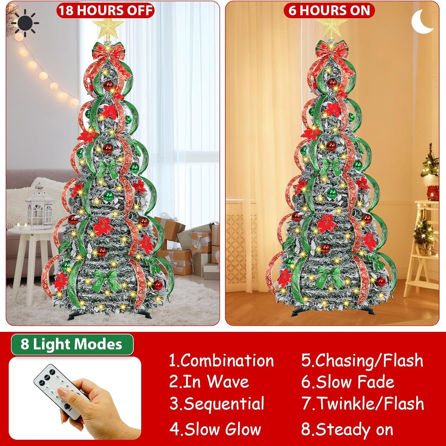 [ 8 Modes & Timer ] 6Ft Prelit Full Pop up Flocked Pencil Christmas Tree with 200 Warm White LED Lights, Balls, Red & Green Ribbon, Bows, Plug in Collapsible Xmas Tree Outdoor Indoor Christmas Decor