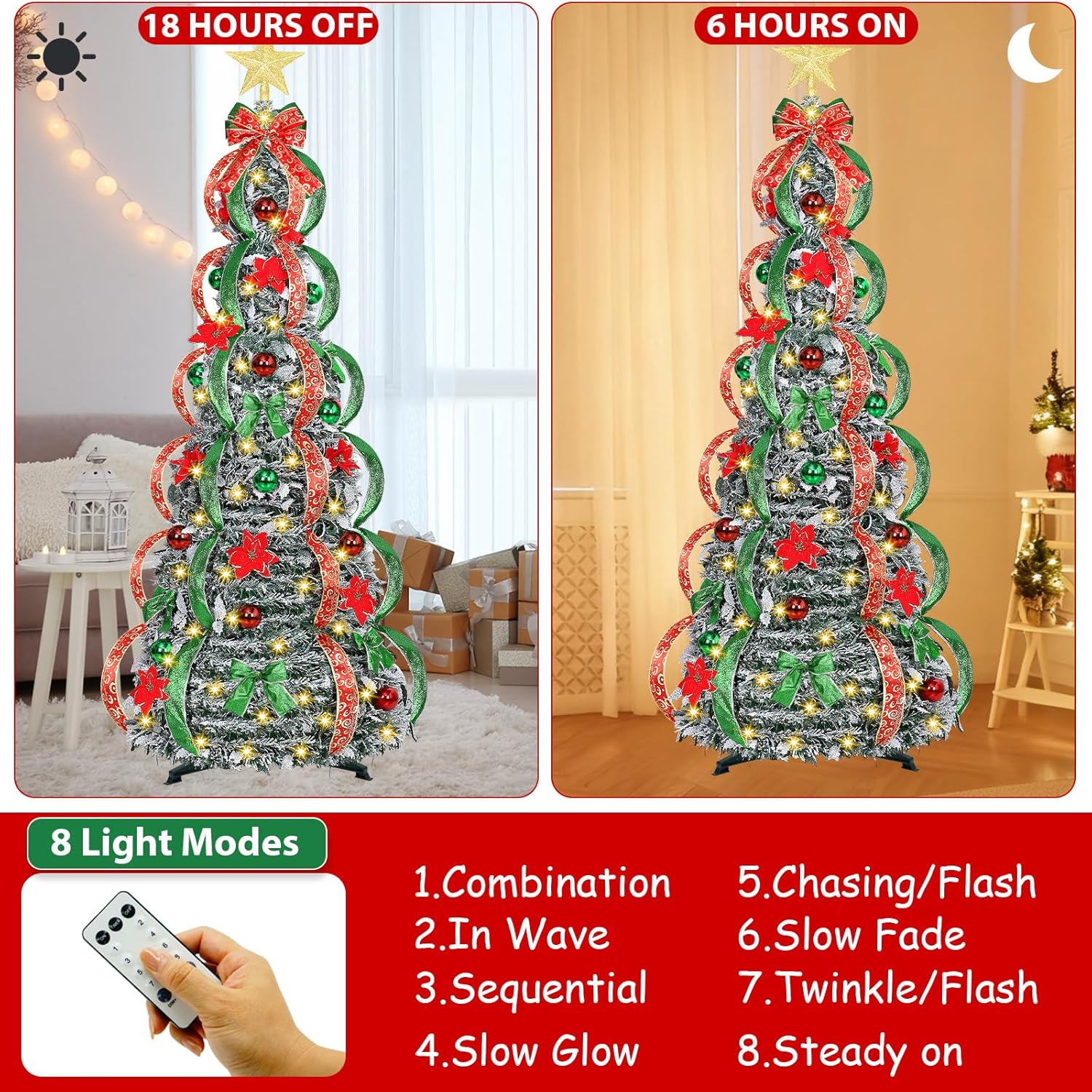 [ 8 Modes & Timer ] 6Ft Prelit Full Pop up Flocked Pencil Christmas Tree with 200 Warm White LED Lights, Balls, Red & Green Ribbon, Bows, Plug in Collapsible Xmas Tree Outdoor Indoor Christmas Decor