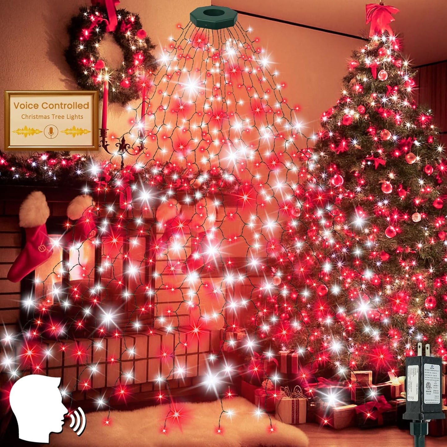 Voice Controlled Christmas Tree Lights with 7 Commands, 480LED Cascading Twinkle Lights 7.9FT 16 Lines Waterproof Waterfall Tree Lights with 12 Modes for Indoor Outdoor Christmas Decor (Warm White)