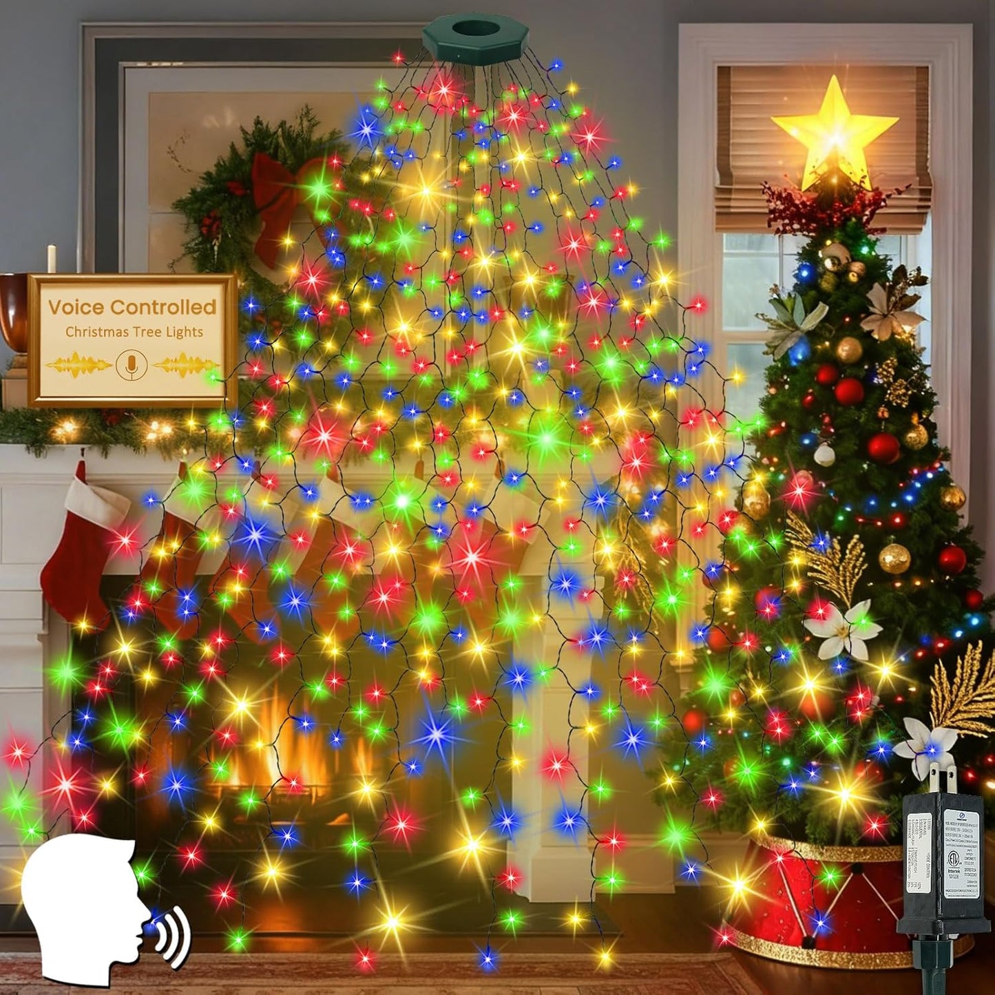 Voice Controlled Christmas Tree Lights with 7 Commands, 480LED Cascading Twinkle Lights 7.9FT 16 Lines Waterproof Waterfall Tree Lights with 12 Modes for Indoor Outdoor Christmas Decor (Warm White)