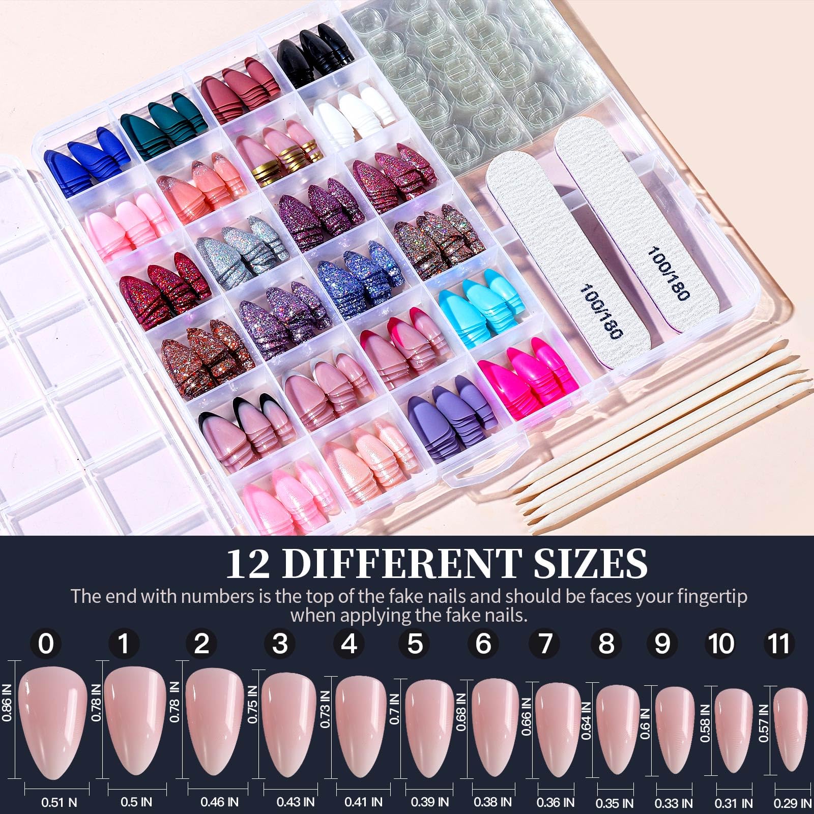 Set of false nails in various colors and sizes with a clear organizer and measurement chart.