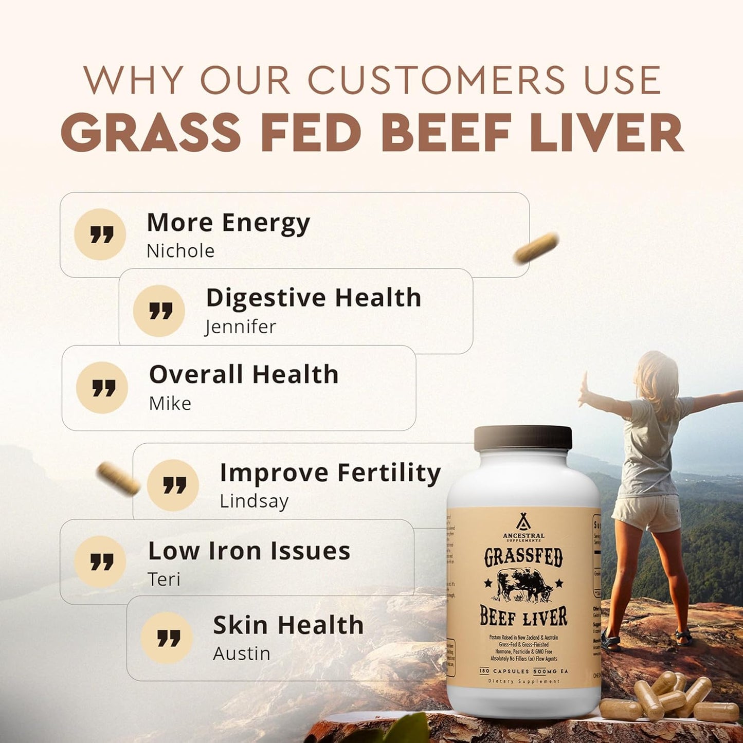 Grass Fed Beef Liver 180 Capsules, Supports Energy Production, Detoxification, Digestion, Immunity and Full Body Wellness, Non-Gmo, Freeze Dried Liver Health Supplement