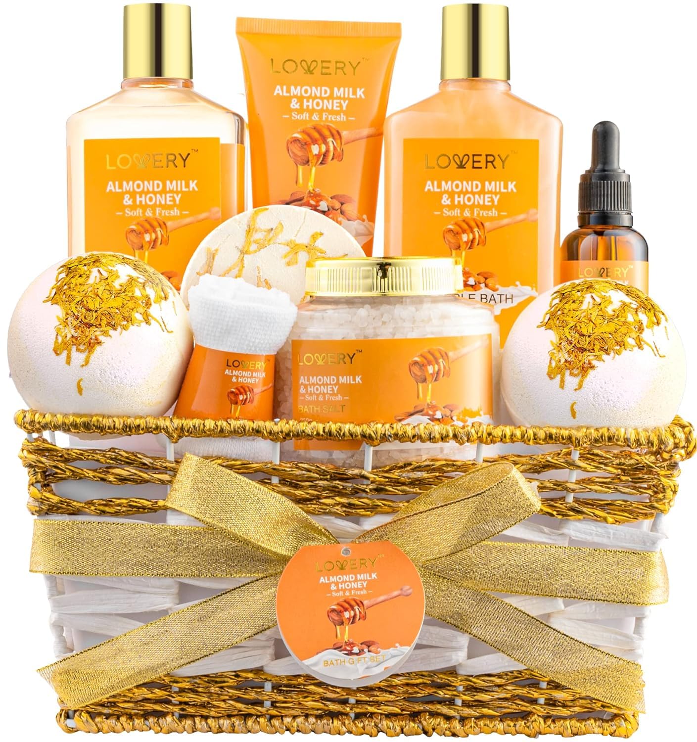 Christmas Gifts for Women Gift Basket for Women - 10 Pc Almond Milk & Honey Beauty & Personal Care Set - Home Bath Pampering Package for Relaxing - Spa Self Care Kit - Birthday, Mom, Anniversary Gift