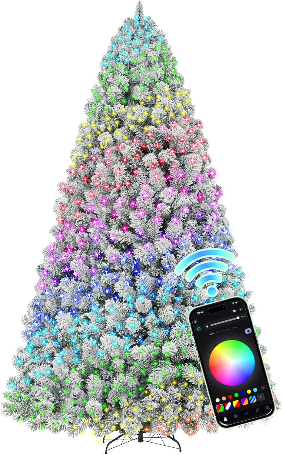6 Ft Flocked Prelit Christmas Tree with 350 LED Lights, App Control, Artificial Christmas Tree, Multi-Color RGBW Lights, 947 Branch Tips, Snow Xmas Tree, for Home, Party