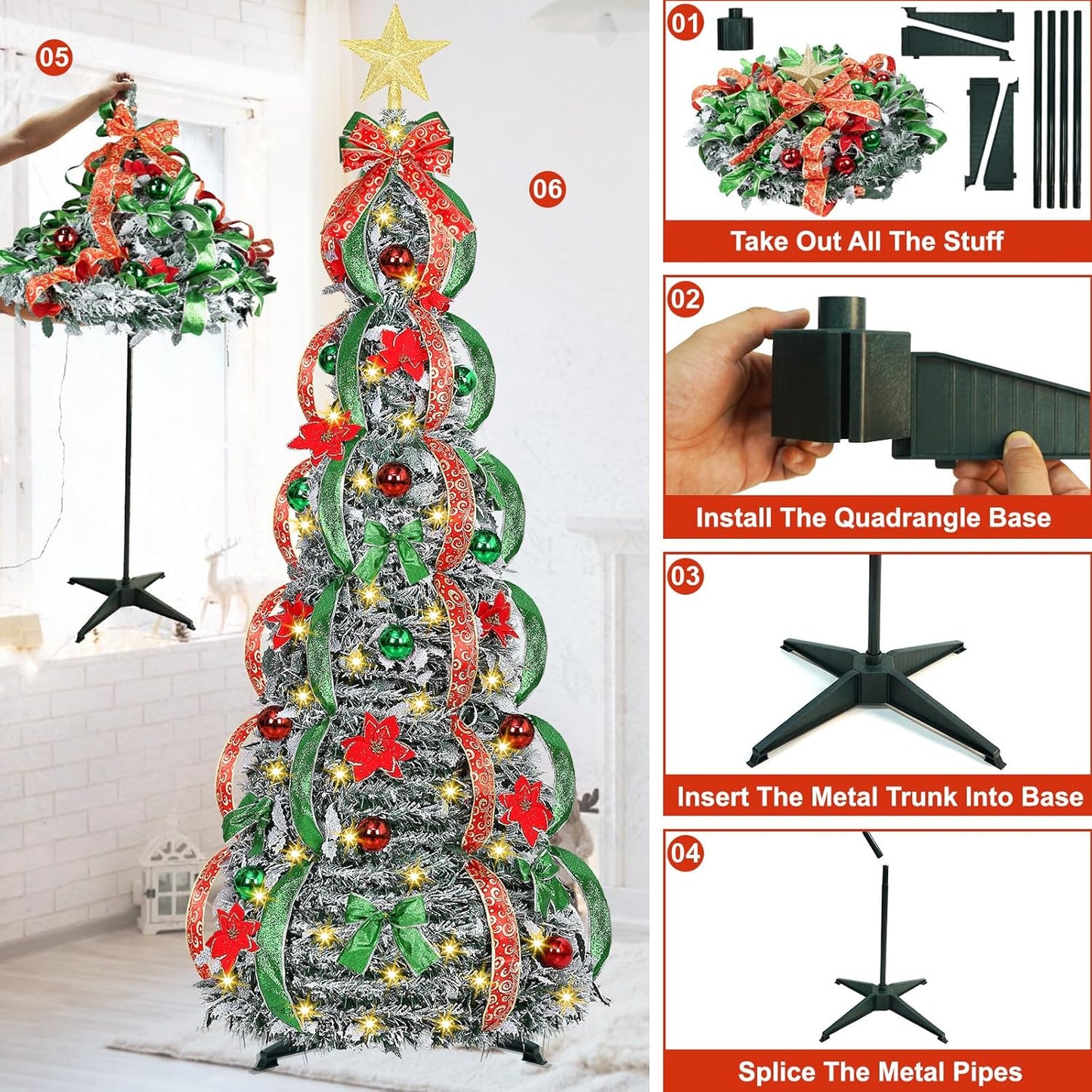 [ 8 Modes & Timer ] 6Ft Prelit Full Pop up Flocked Pencil Christmas Tree with 200 Warm White LED Lights, Balls, Red & Green Ribbon, Bows, Plug in Collapsible Xmas Tree Outdoor Indoor Christmas Decor