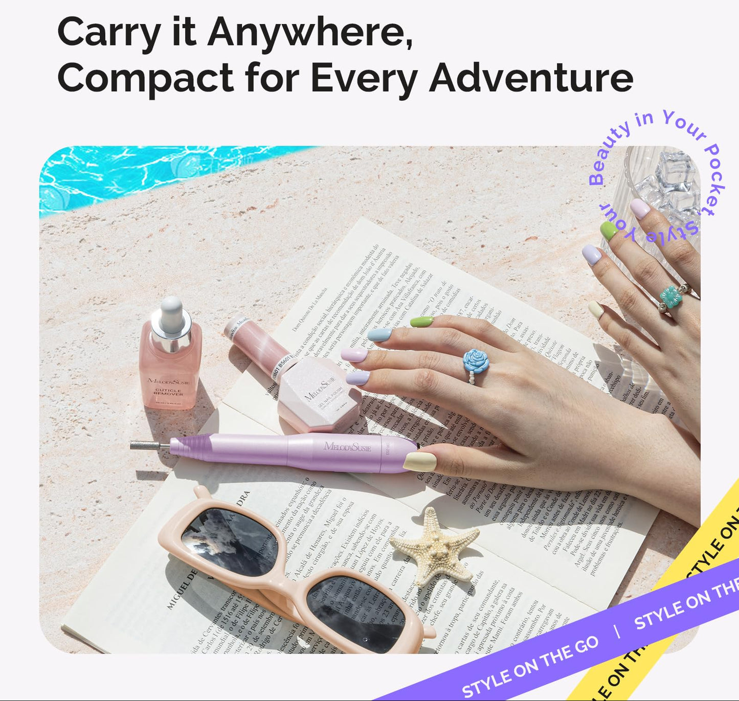 Advertisement for a nail care product with text 'Carry it Anywhere, Compact for Every Adventure' and 'MELONISE' branding.
