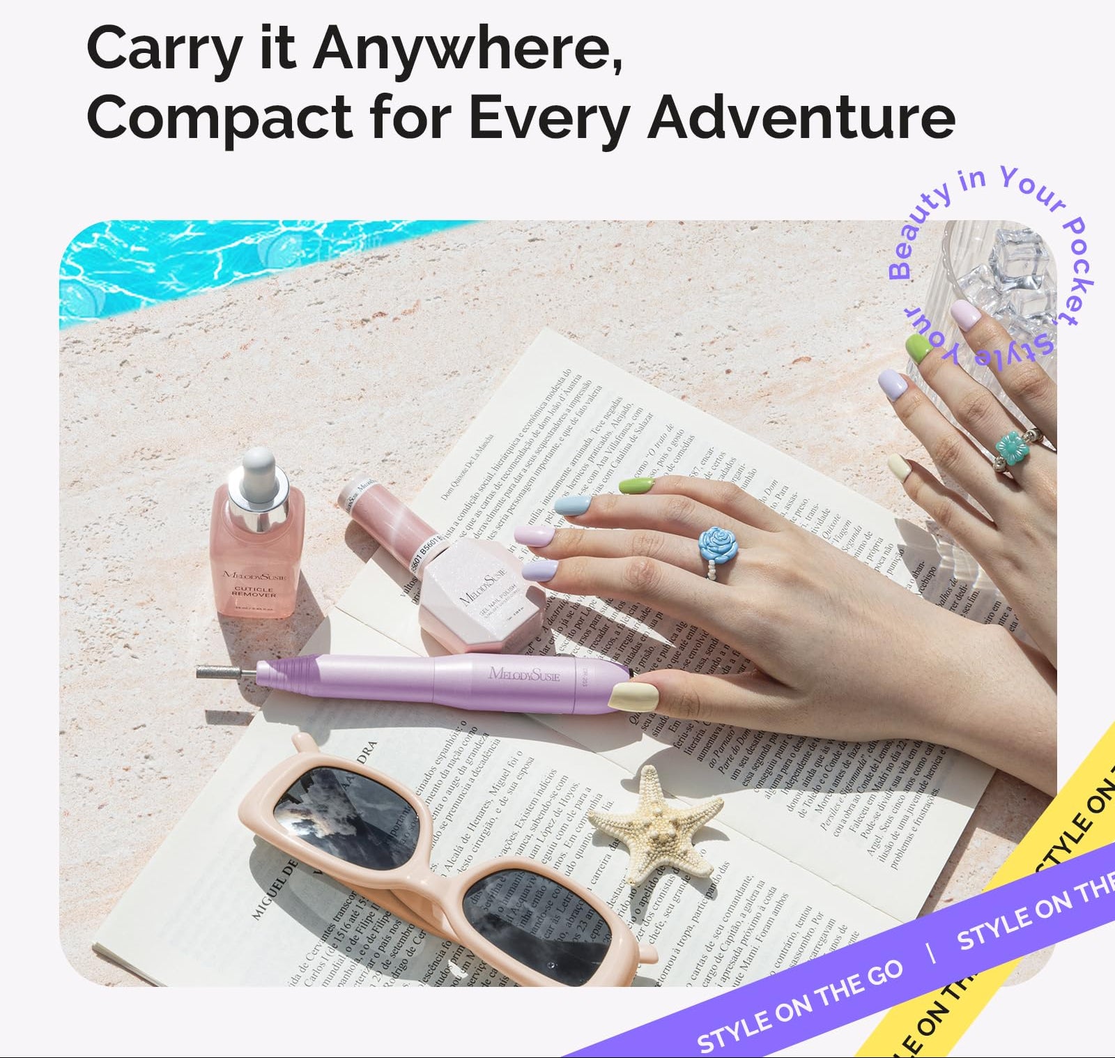 Advertisement for a nail care product with text 'Carry it Anywhere, Compact for Every Adventure' and 'MELONISE' branding.