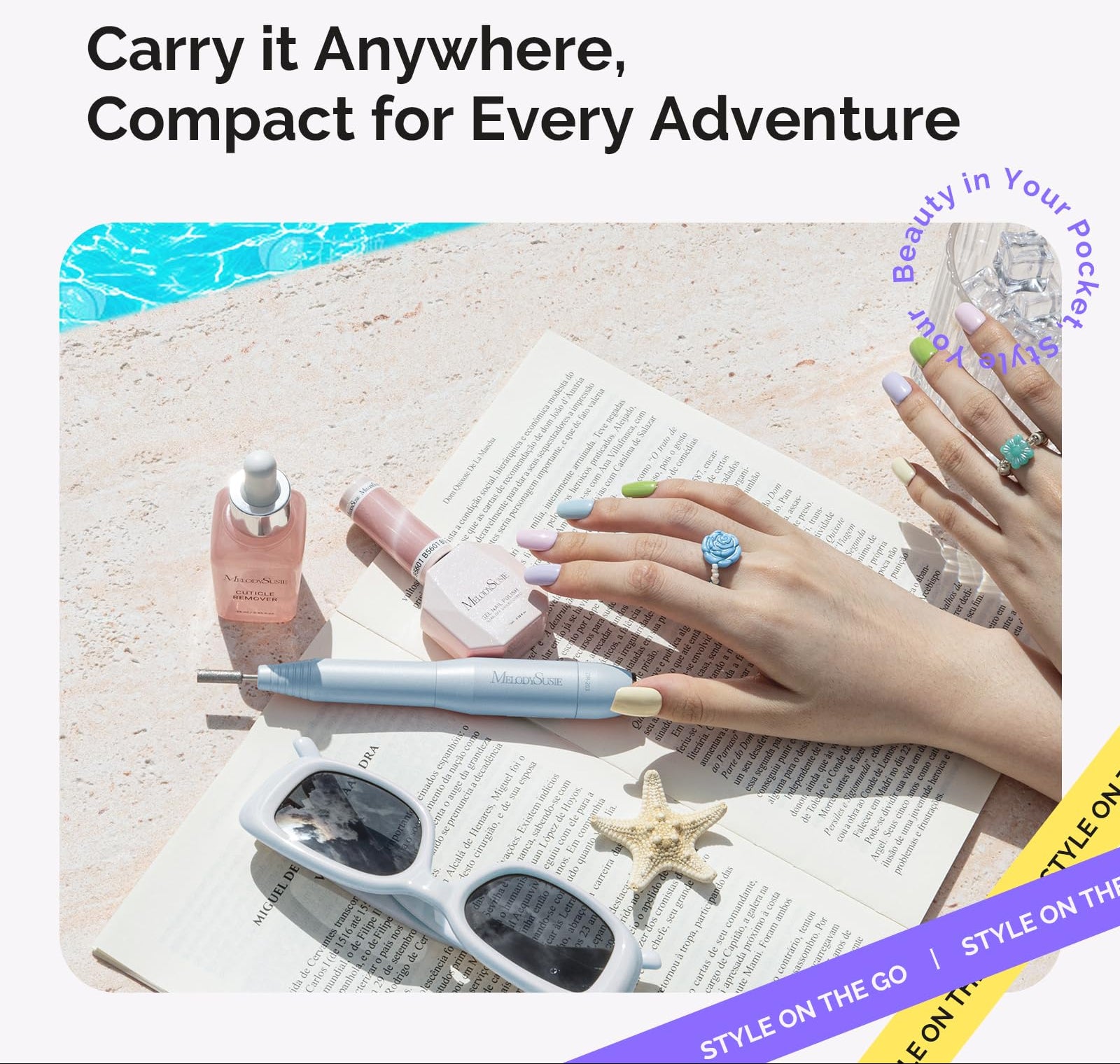 Advertisement for a nail care product with text 'Carry it Anywhere, Compact for Every Adventure' and 'Mellonsuse' branding.