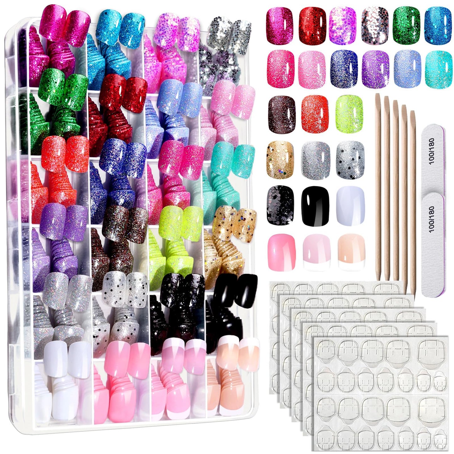 Press on Nails Set 576PCS 24 Colors Short Square Matte Glossy Glitter Natural Fit Lightweight Fake Nails for Nail Art
