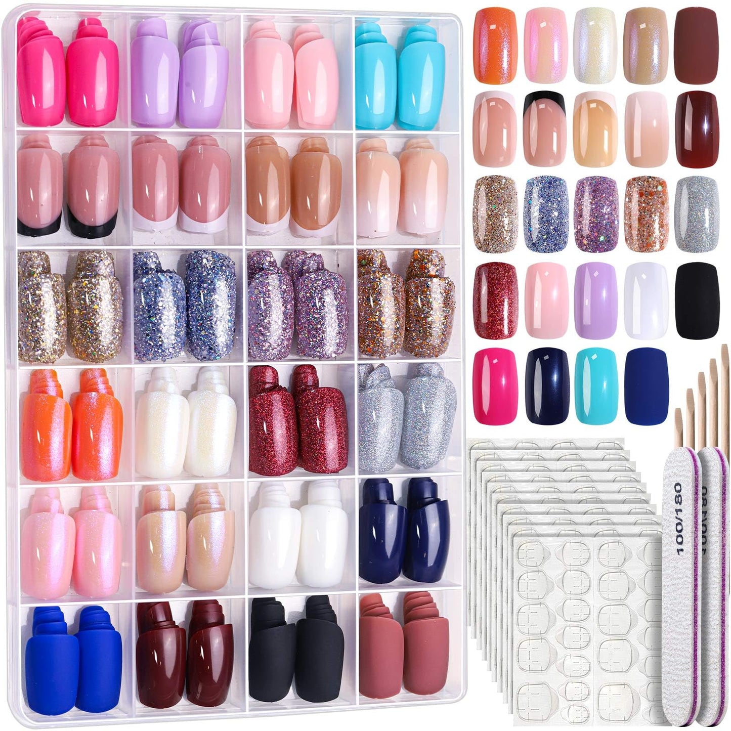 Assorted nail polish bottles and tools in a clear organizer